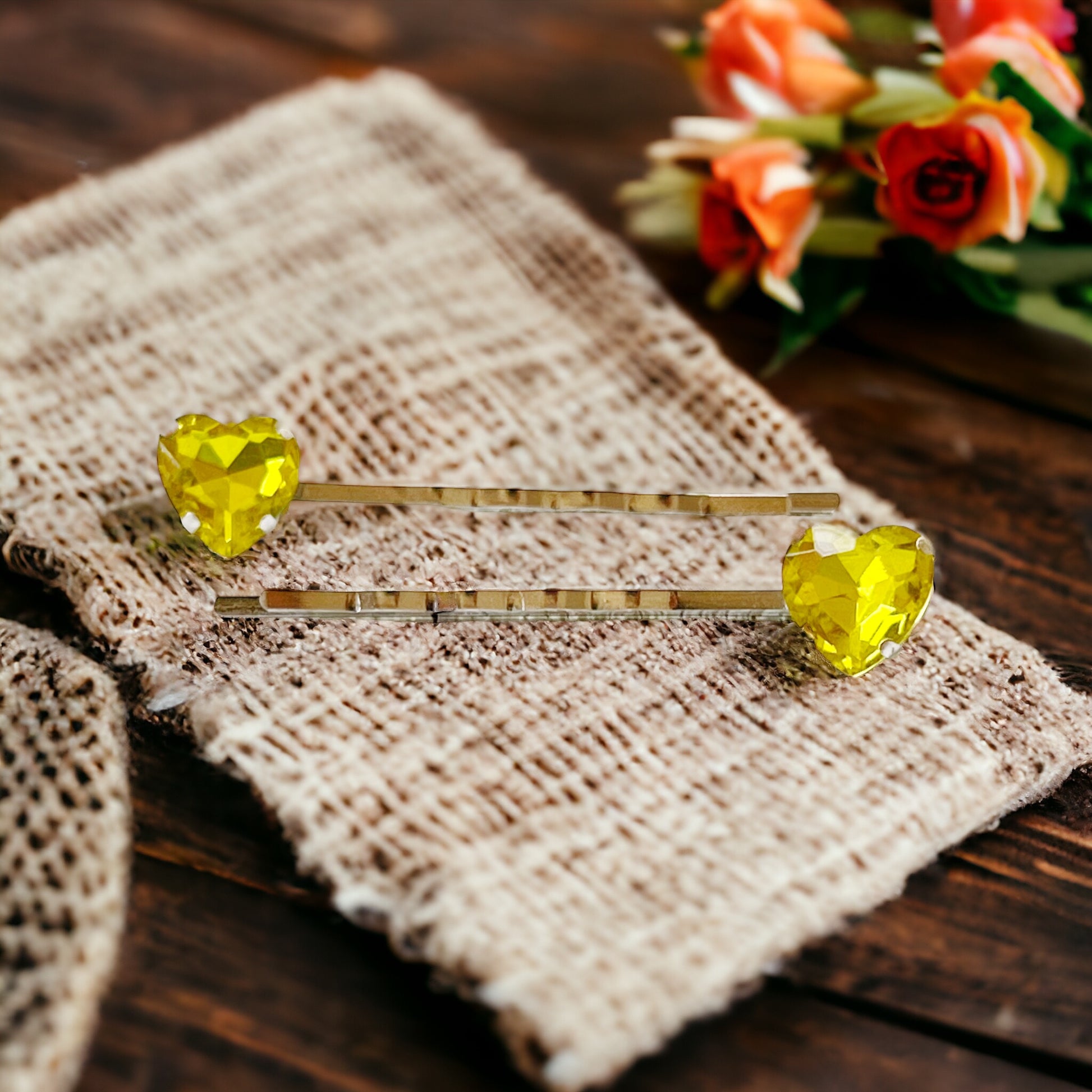 Yellow Rhinestone Heart Silver Hair Pins: Sparkling Romantic Accents