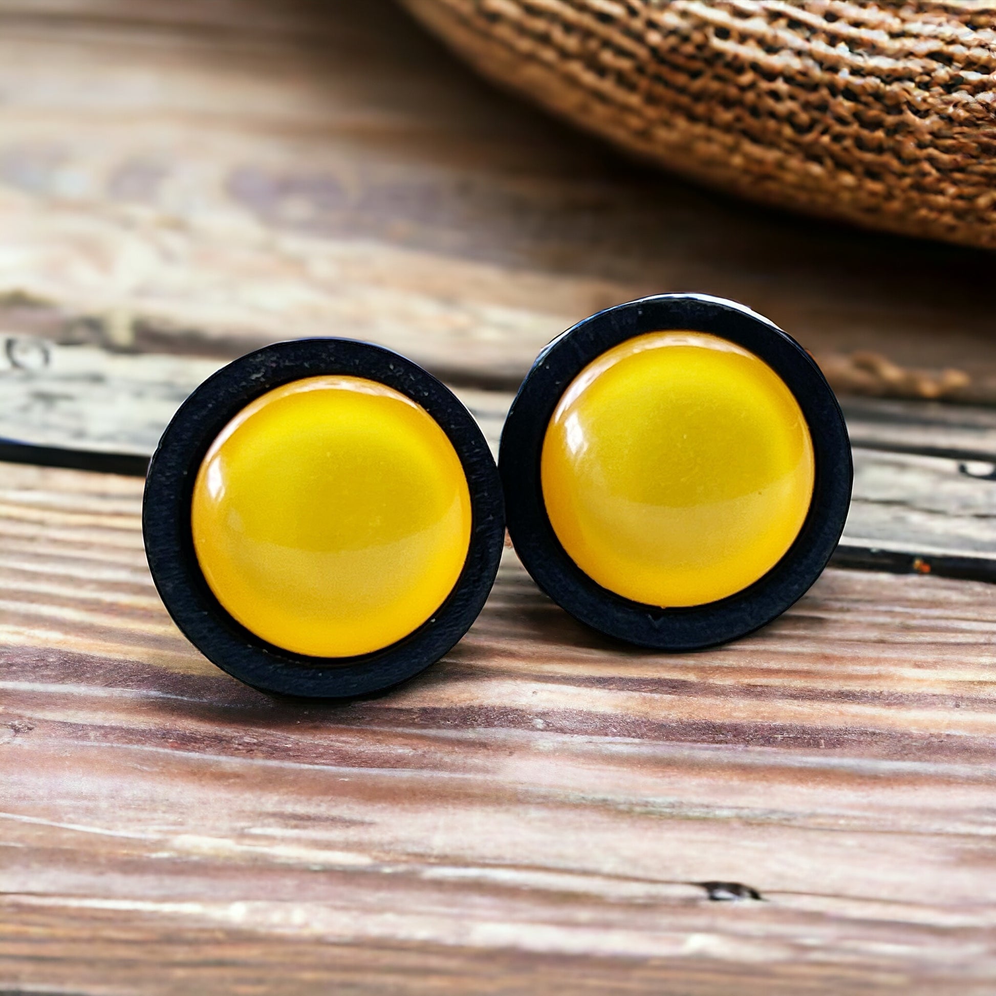 Yellow Resin Black Wood Unisex Stud Earrings - Stylish & Versatile Accessories