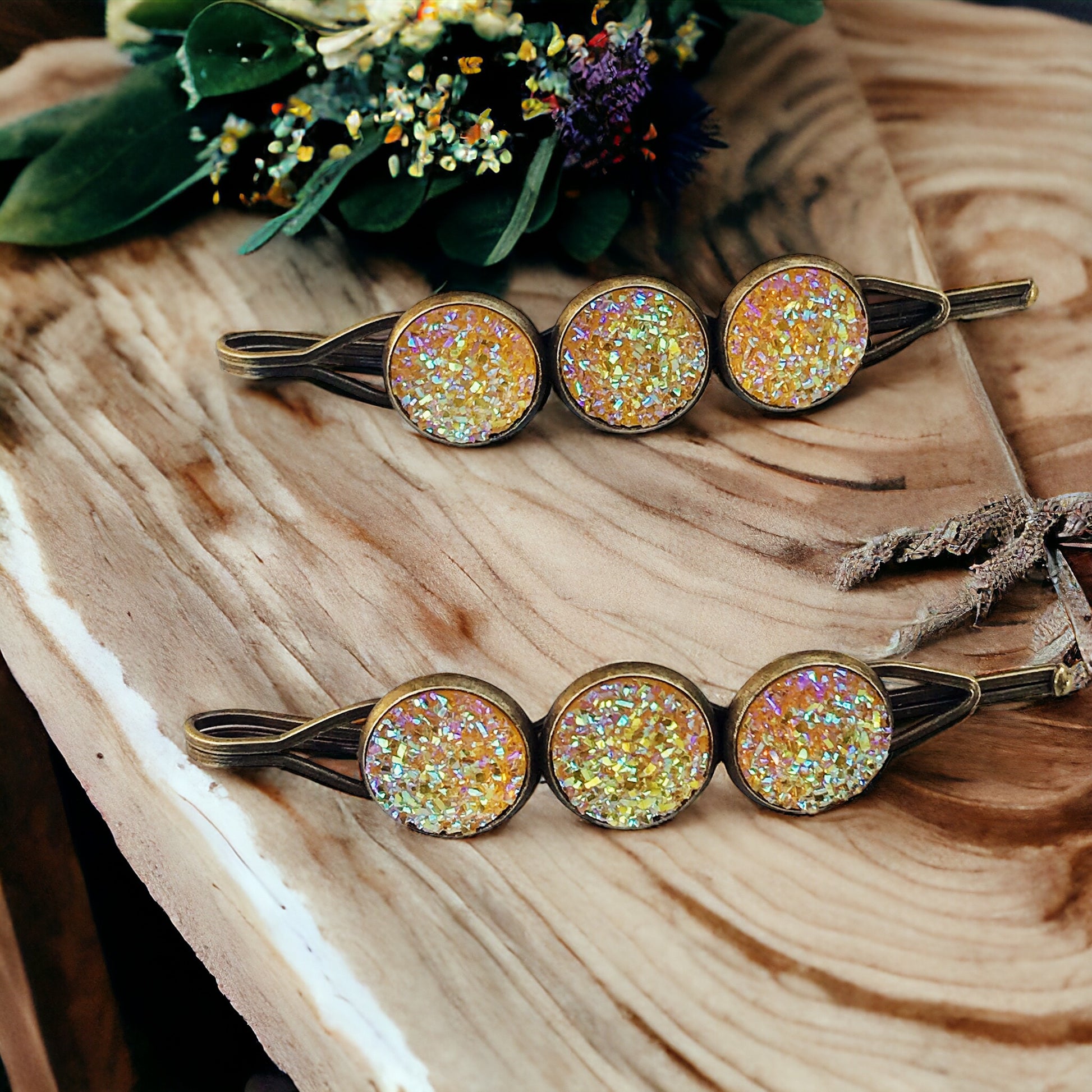 Yellow Glitter Druzy Hair Pins - Vibrant & Stylish Hair Accessories