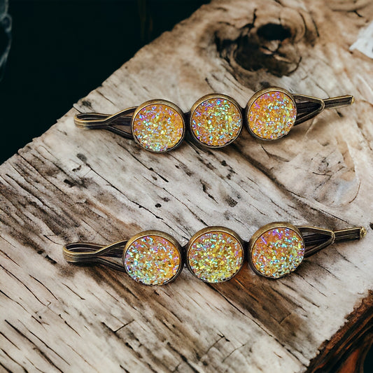 Yellow Glitter Druzy Hair Pins - Vibrant & Stylish Hair Accessories