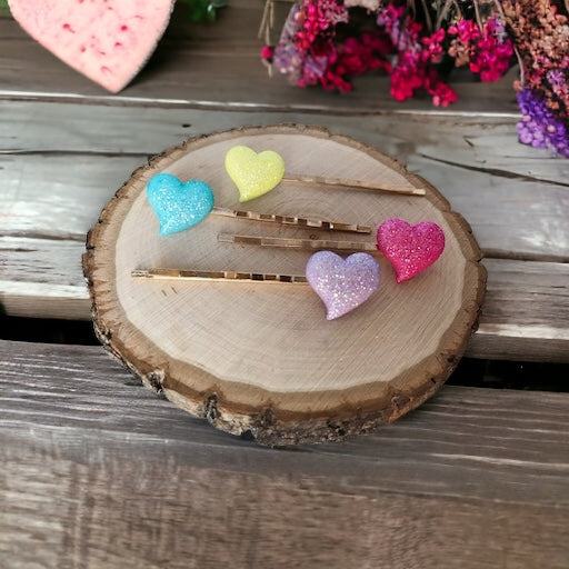 Pink, Purple, Yellow & Blue Glitter Heart Hair Pins - Sparkling & Colorful Hair Accessories