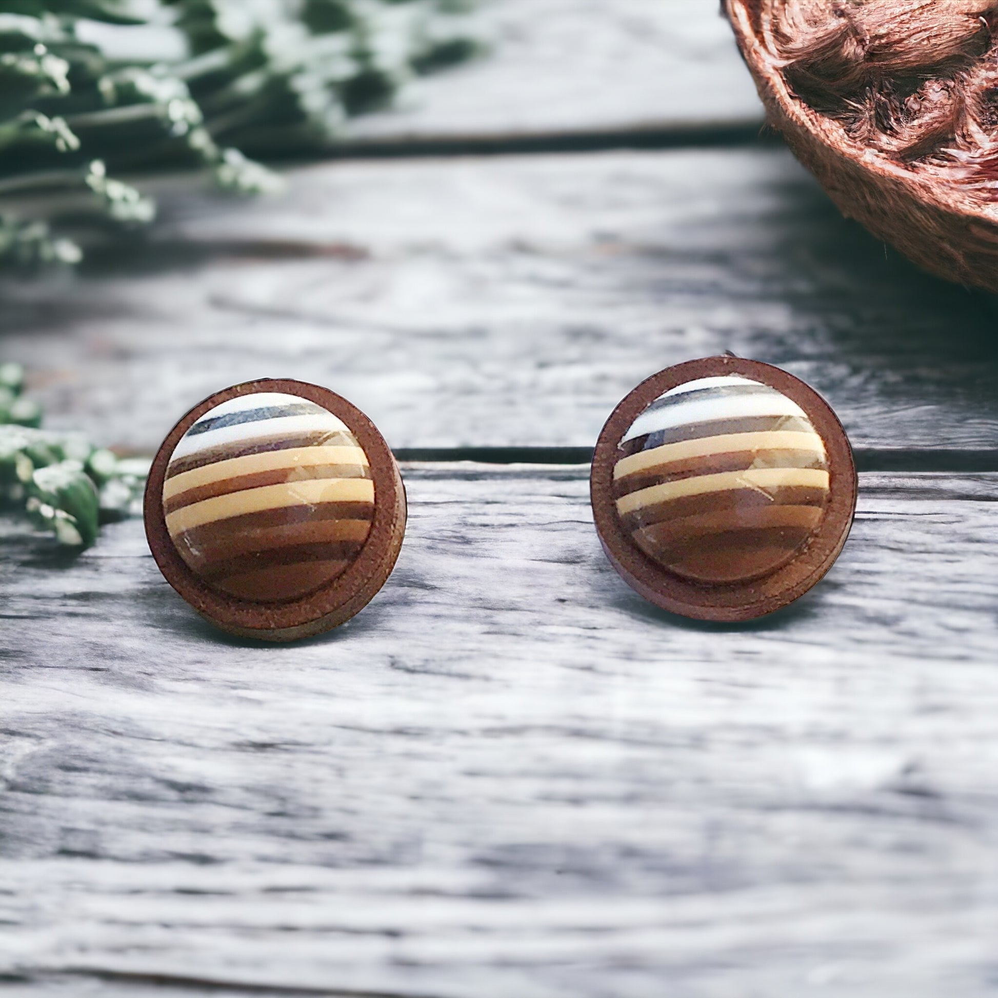 Brown Striped Earrings - Neutral Minimalist Studs with Natural Wood Design | Boho Chic Statement Jewelry