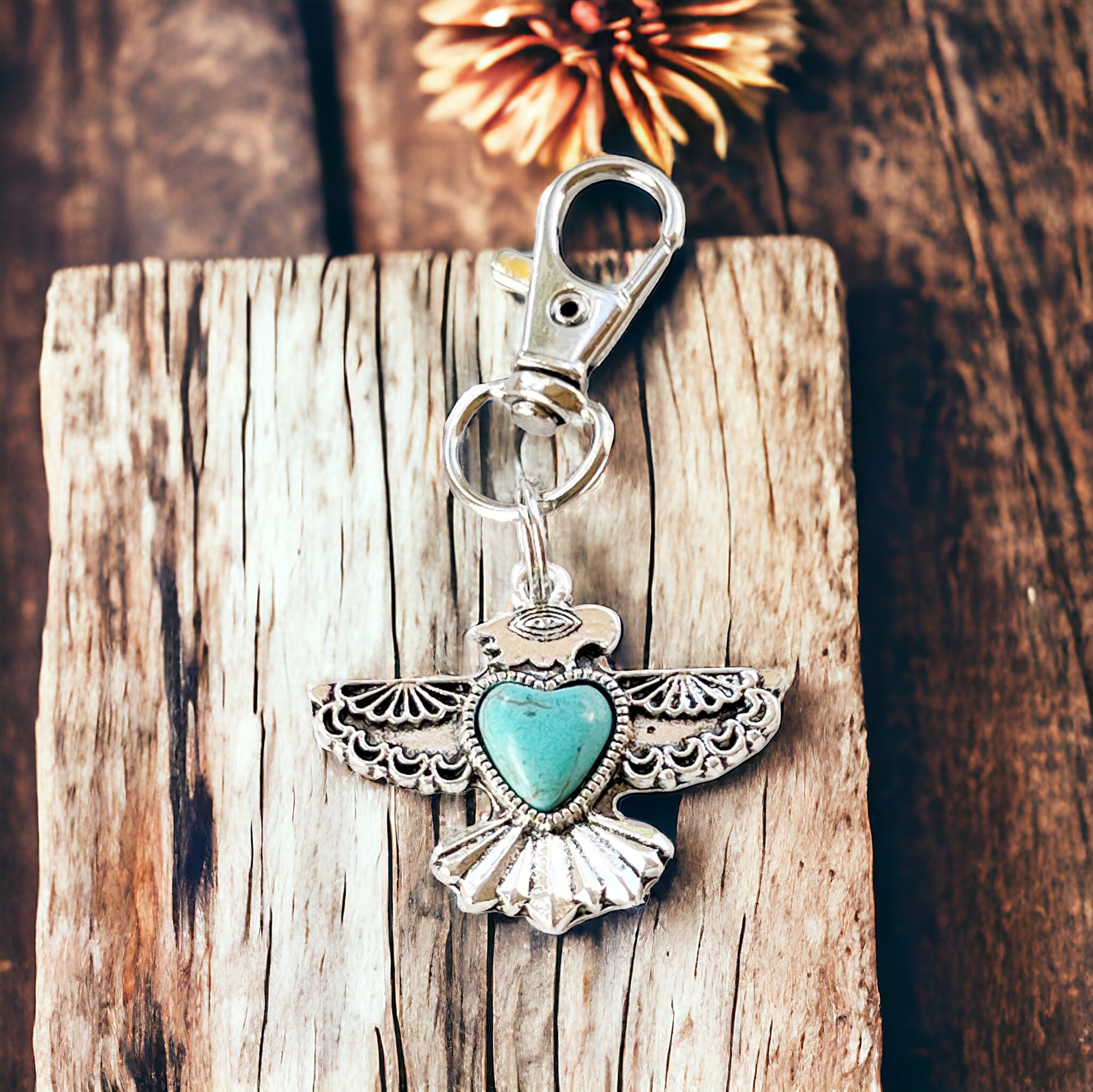 Turquoise Thunderbird Western Zipper Pull Handbag Charm - Stylish Southwest-Inspired Accessory