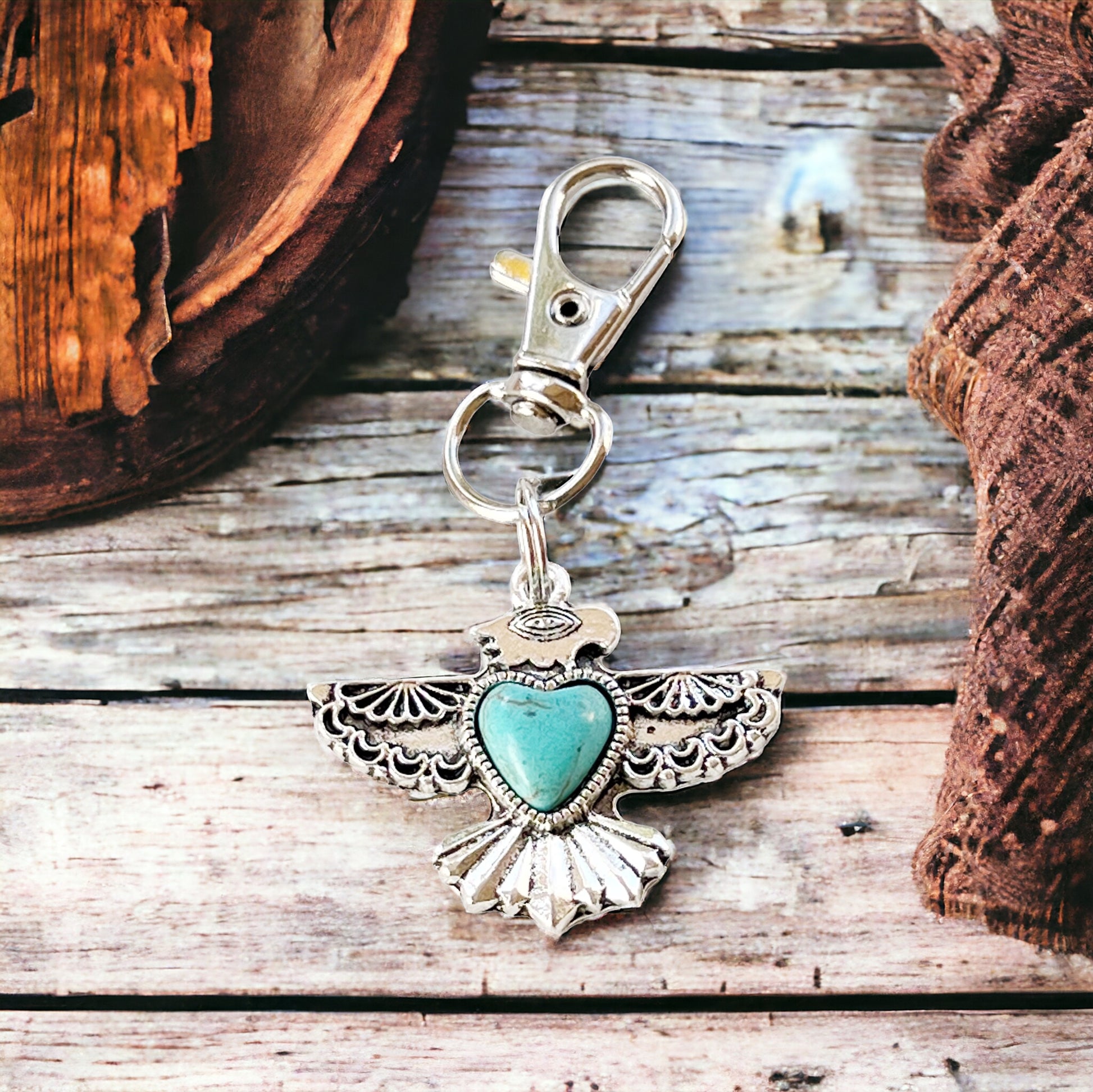 Turquoise Thunderbird Western Zipper Pull Handbag Charm - Stylish Southwest-Inspired Accessory