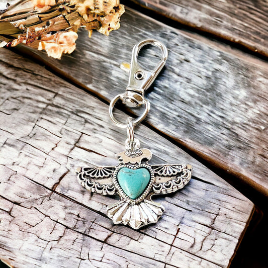 Turquoise Thunderbird Western Zipper Pull Handbag Charm - Stylish Southwest-Inspired Accessory