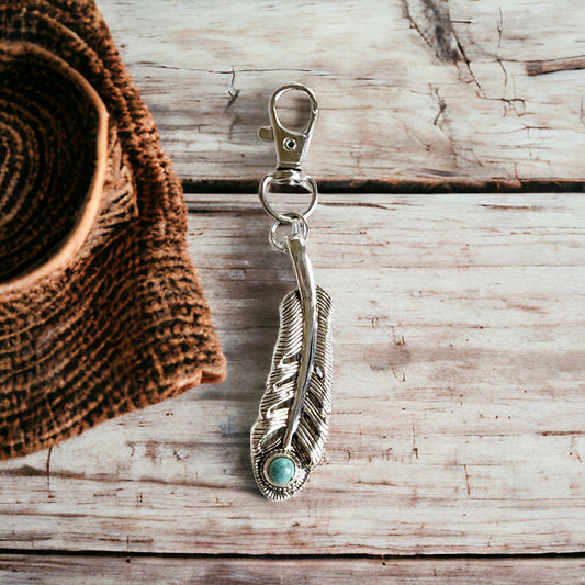 Feather Purse Charm – Silver Boho Keychain with Turquoise Stone Accent