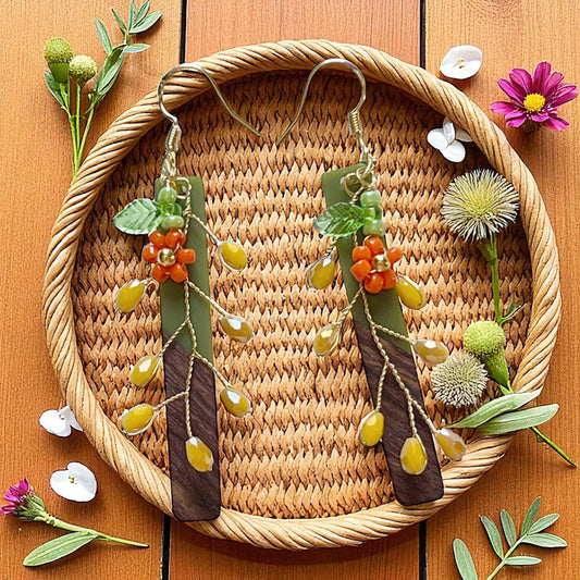 Autumn Vine Wood & Green Bar Earrings – Boho Fall Floral Drops