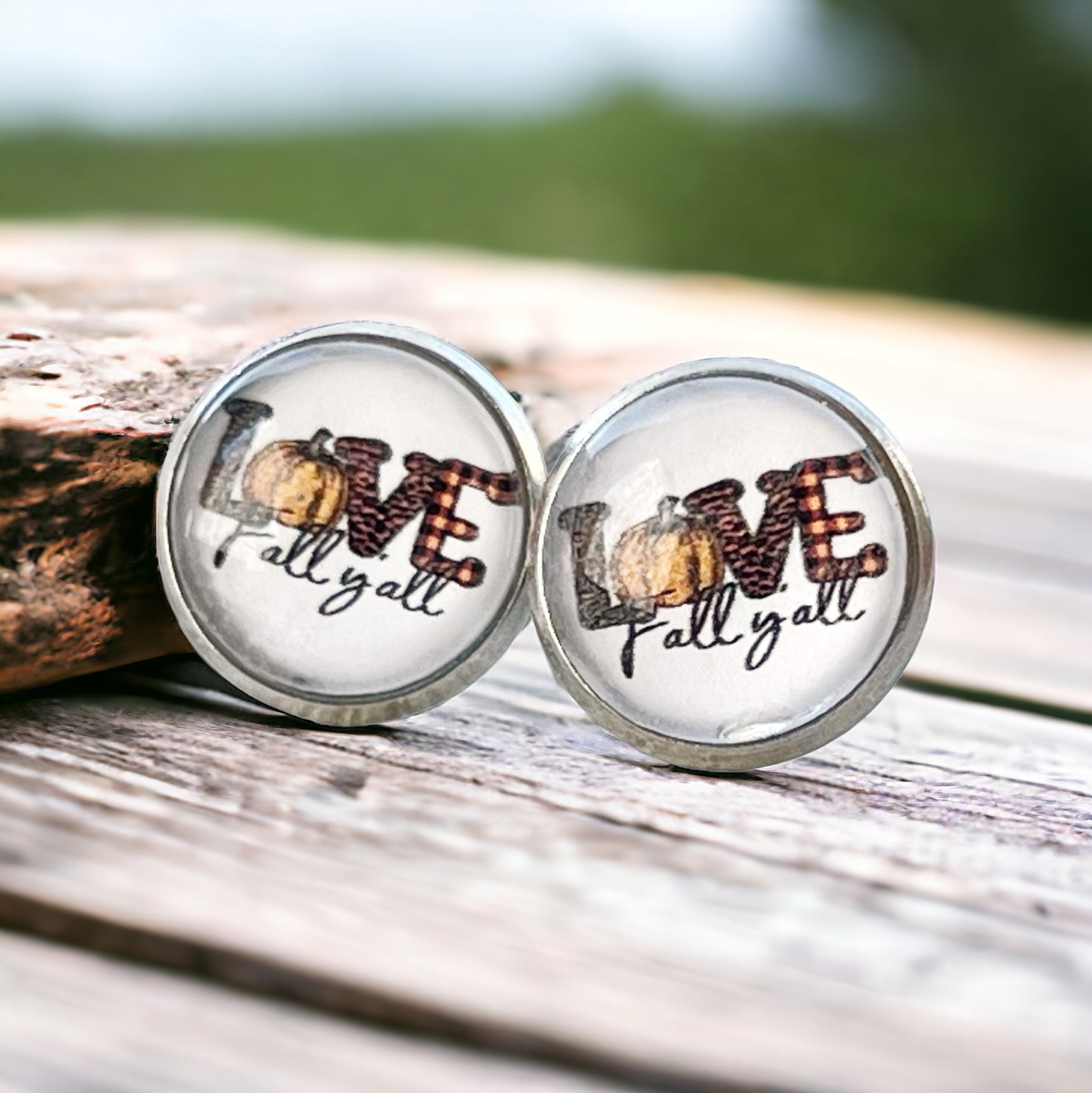 Love Fall Y’all Stud Earrings – Buffalo Plaid Pumpkin Autumn Jewelry in Silver