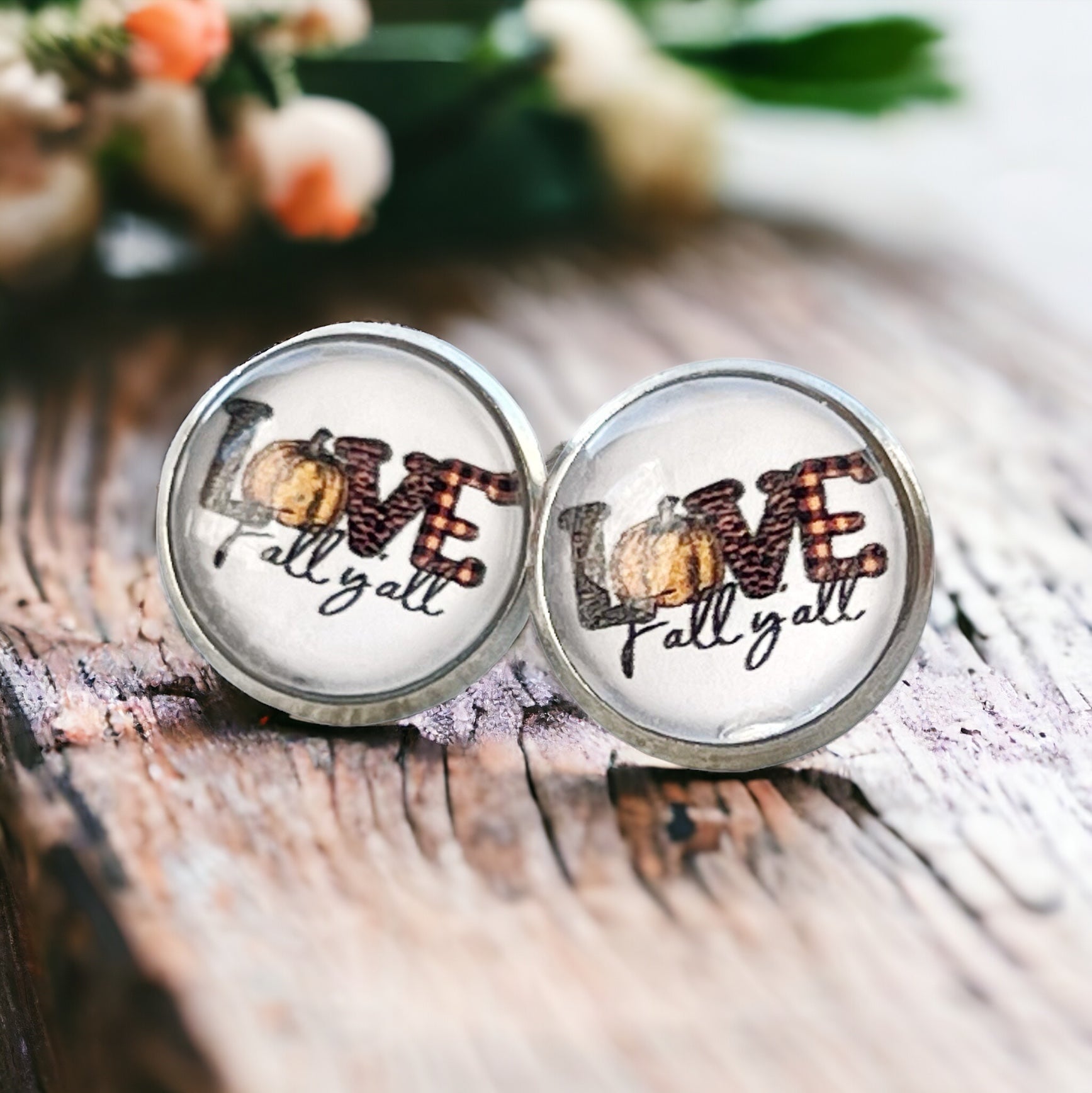 Love Fall Y’all Stud Earrings – Buffalo Plaid Pumpkin Autumn Jewelry in Silver