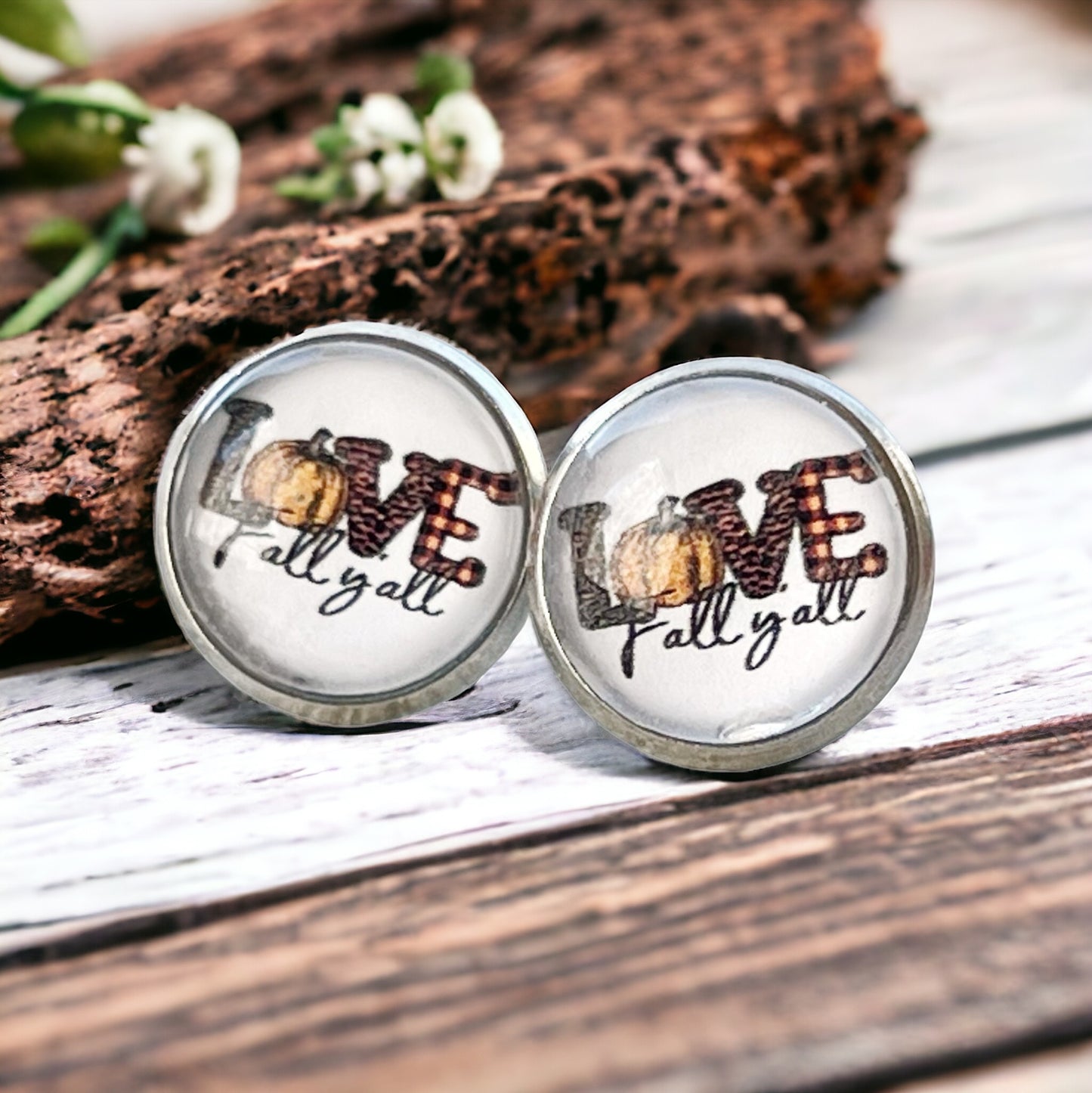 Love Fall Y’all Stud Earrings – Buffalo Plaid Pumpkin Autumn Jewelry in Silver