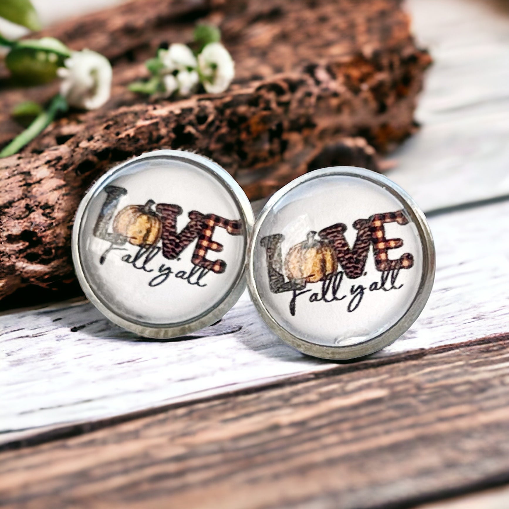 Love Fall Y’all Stud Earrings – Buffalo Plaid Pumpkin Autumn Jewelry in Silver