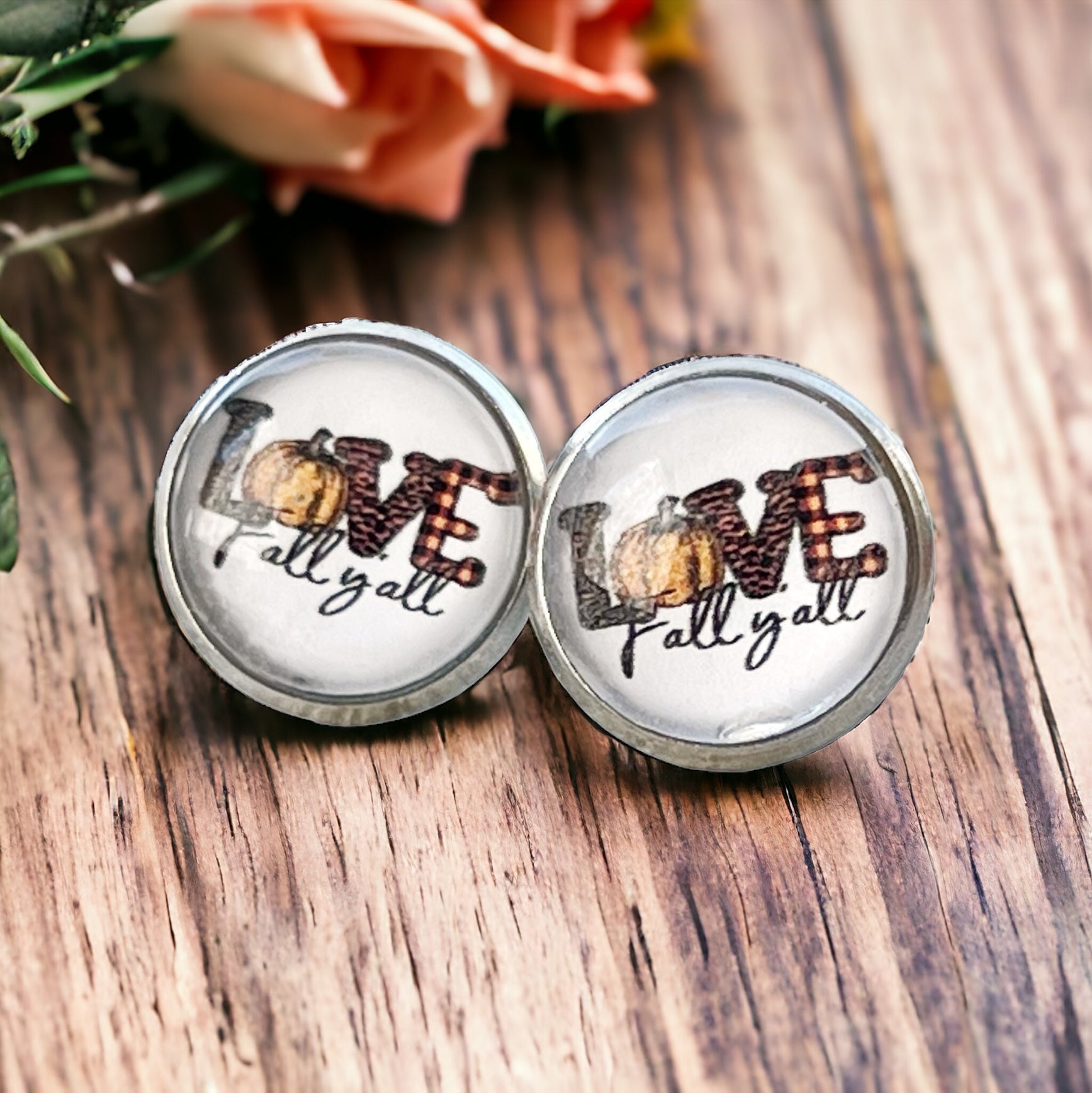 Love Fall Y’all Stud Earrings – Buffalo Plaid Pumpkin Autumn Jewelry in Silver