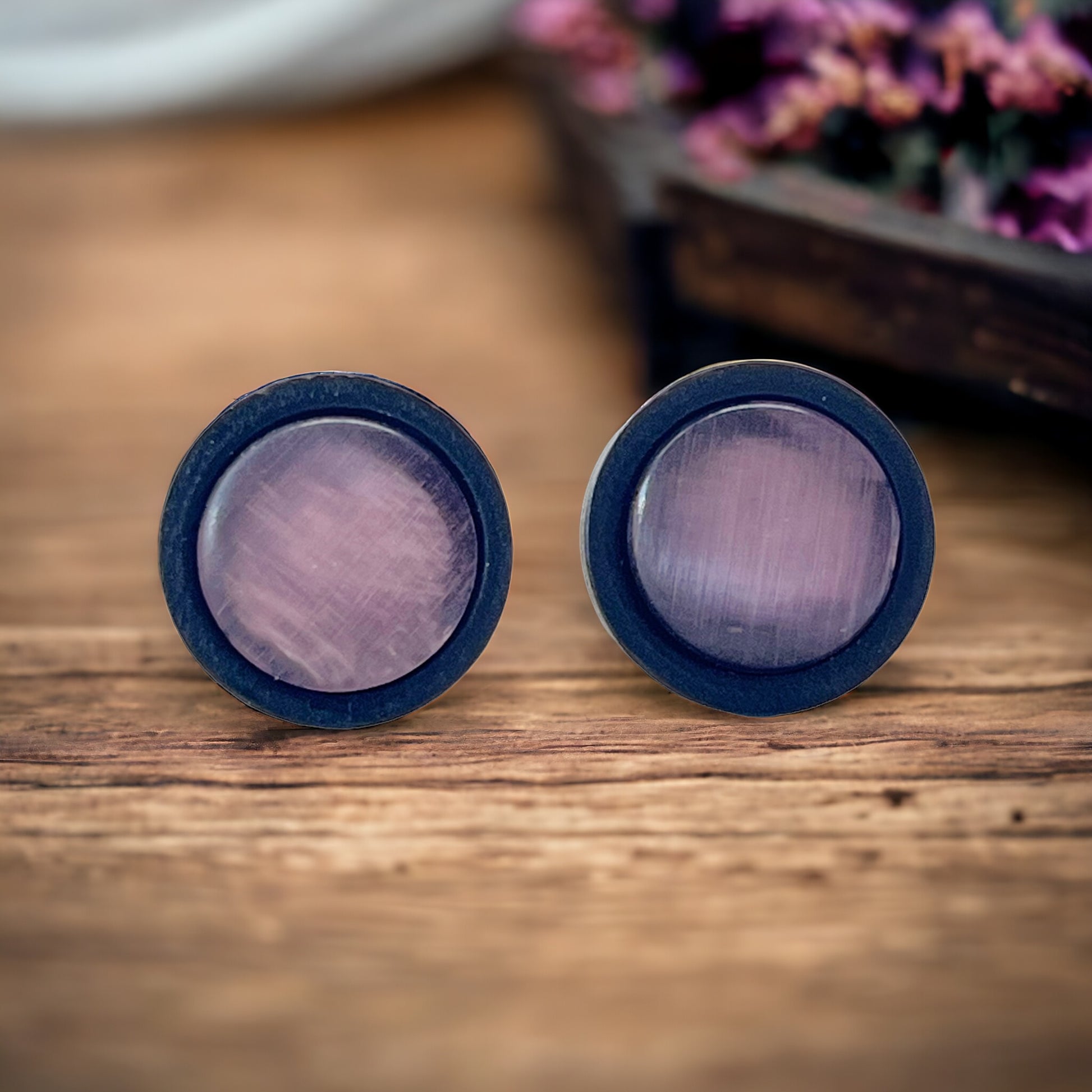Purple Glass Black Wood Unisex Stud Earrings - Stylish & Versatile Accessories