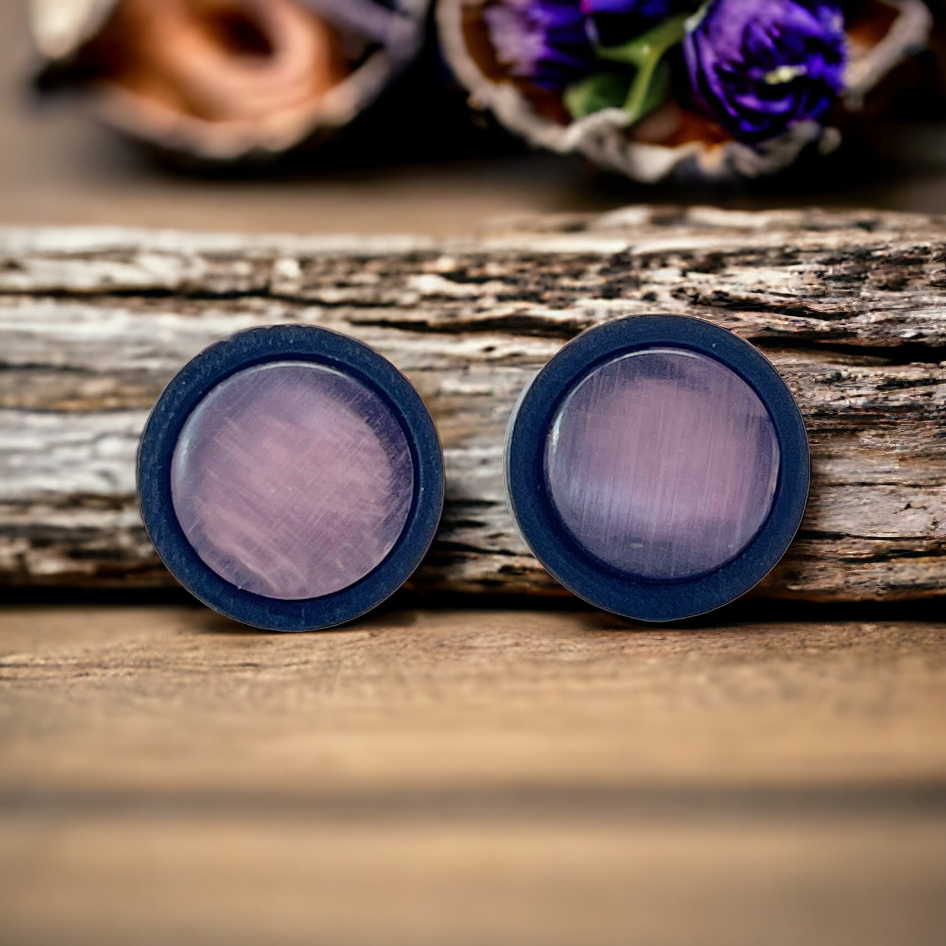 Purple Glass Black Wood Unisex Stud Earrings - Stylish & Versatile Accessories