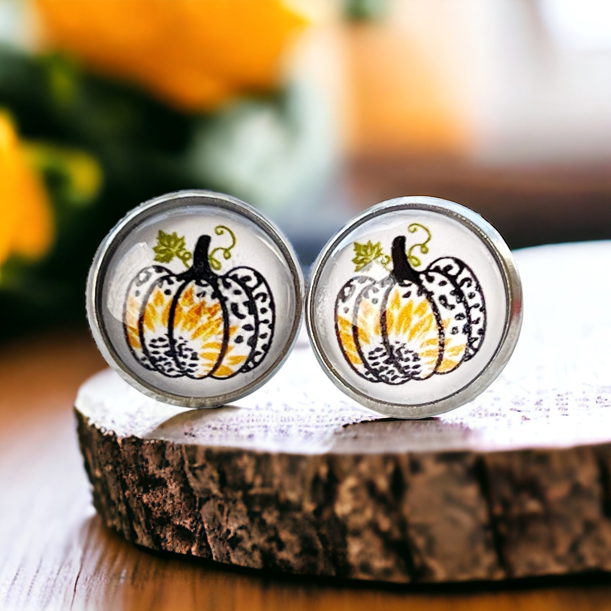 Pumpkin & Sunflower Silver Stud Earrings: Unique Autumn Accents for Your Style