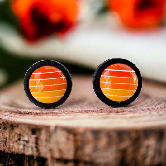 Orange Gradient Striped Black Wood Unisex Earrings - Stylish & Unique Accessories