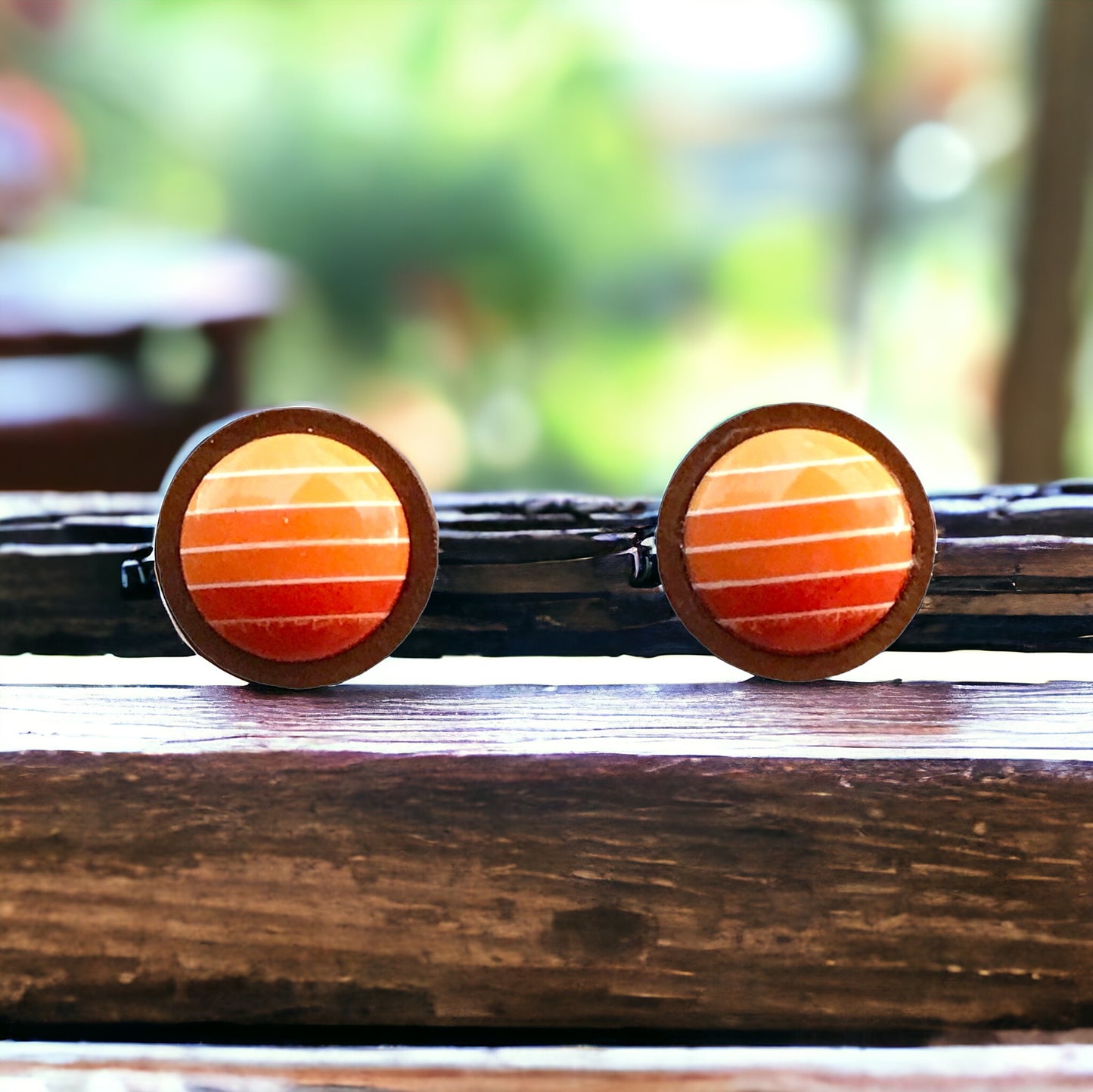 Orange Gradient Striped Wood Unisex Earrings - Stylish & Unique Accessories