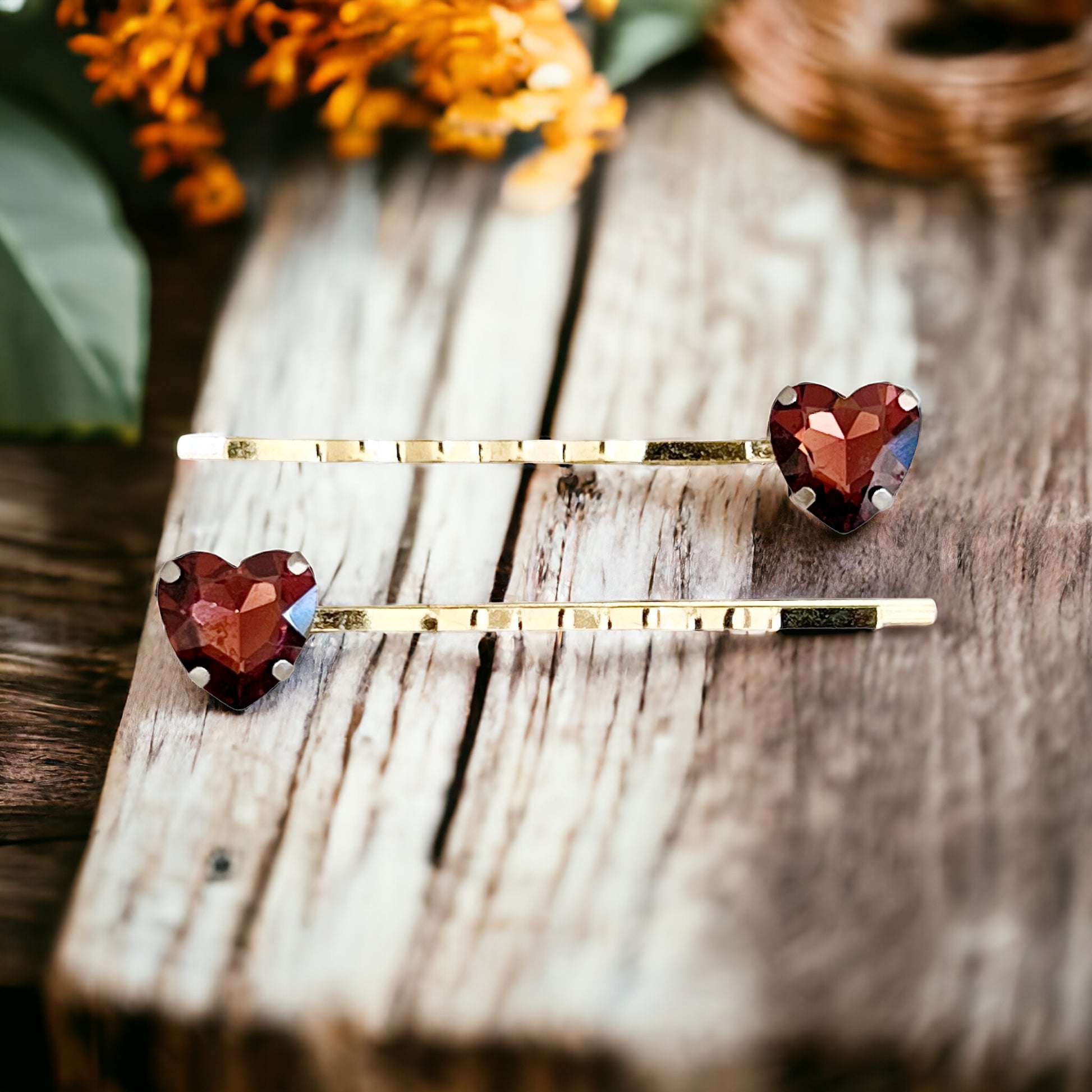 Cranberry Red Rhinestone Heart Hair Pins: Elegant Romantic Accessories