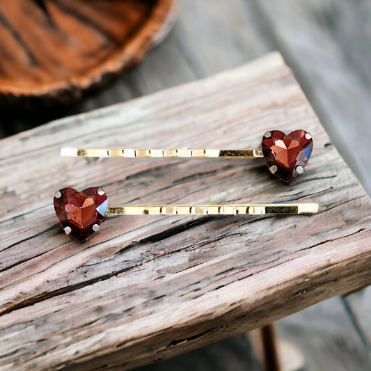 Cranberry Red Rhinestone Heart Hair Pins: Elegant Romantic Accessories