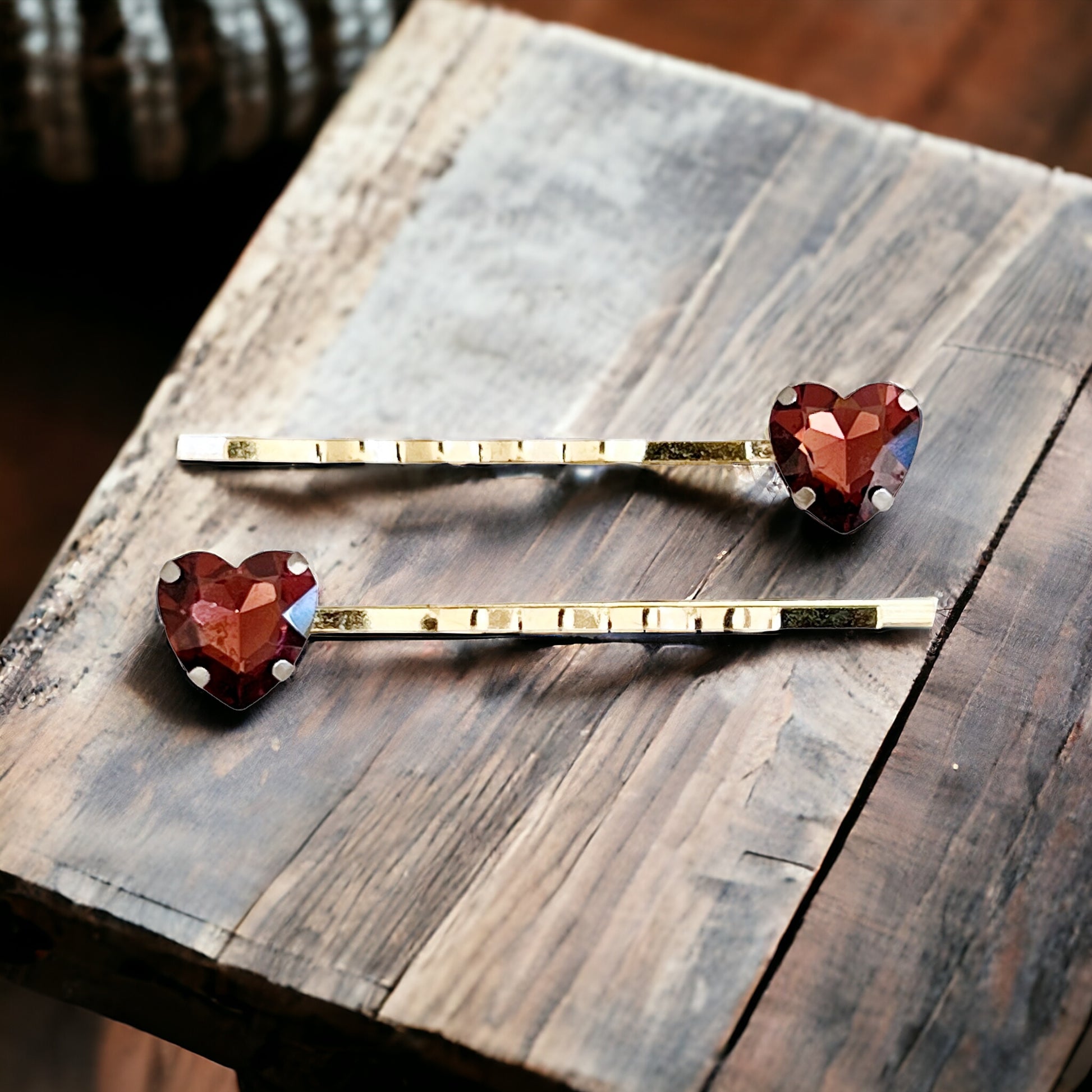 Cranberry Red Rhinestone Heart Hair Pins: Elegant Romantic Accessories