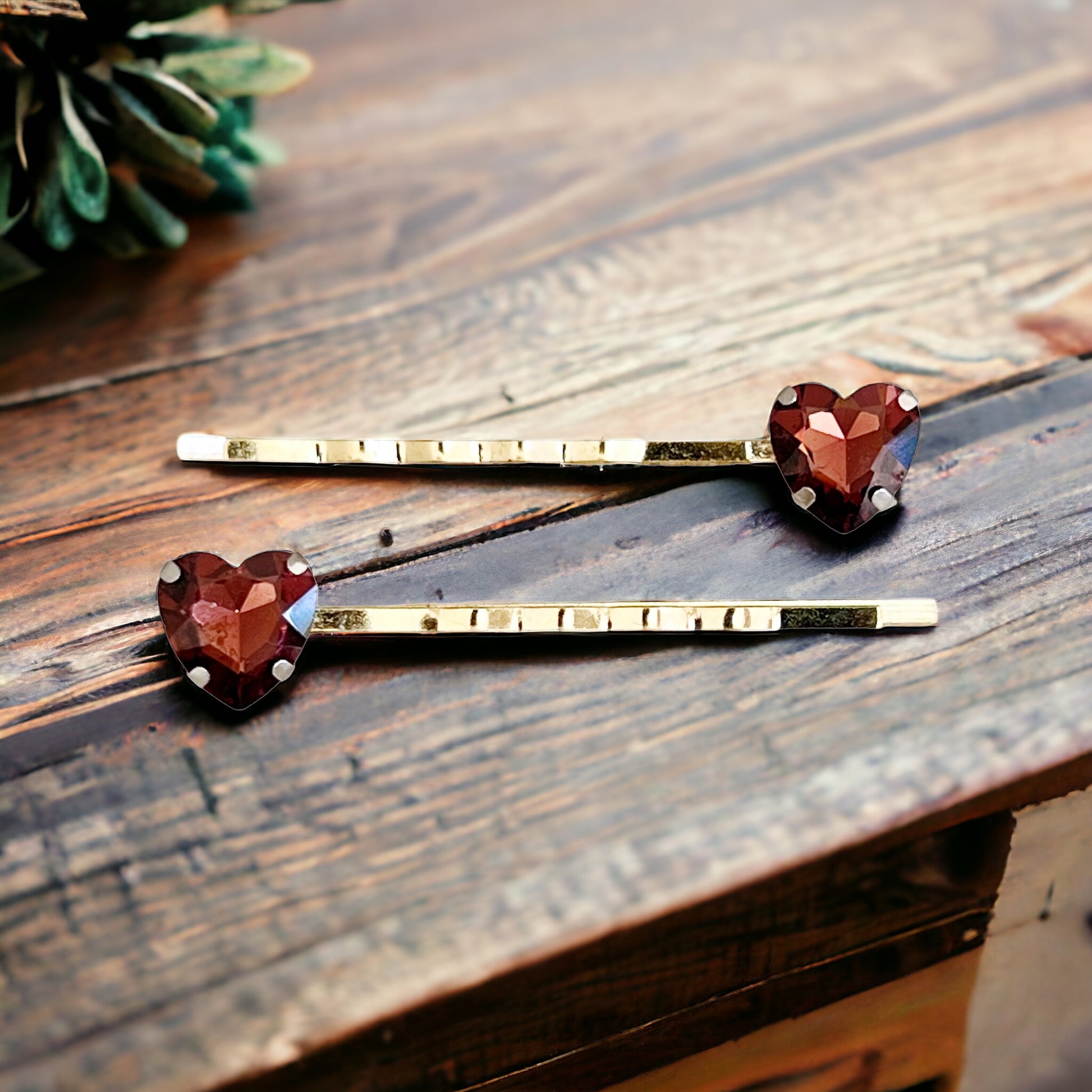 Cranberry Red Rhinestone Heart Hair Pins: Elegant Romantic Accessories