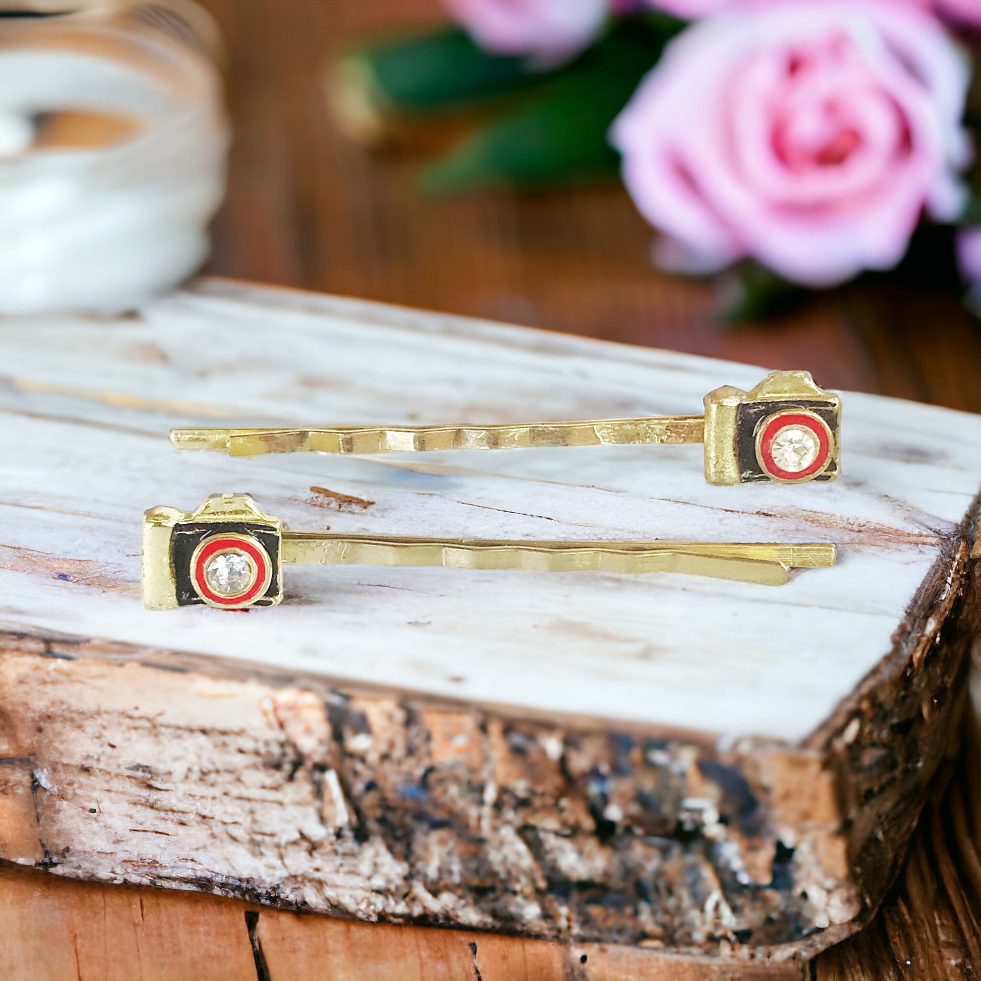 Gold Camera Hair Pins Set of 2 - Quirky Accessories for Photography Enthusiasts