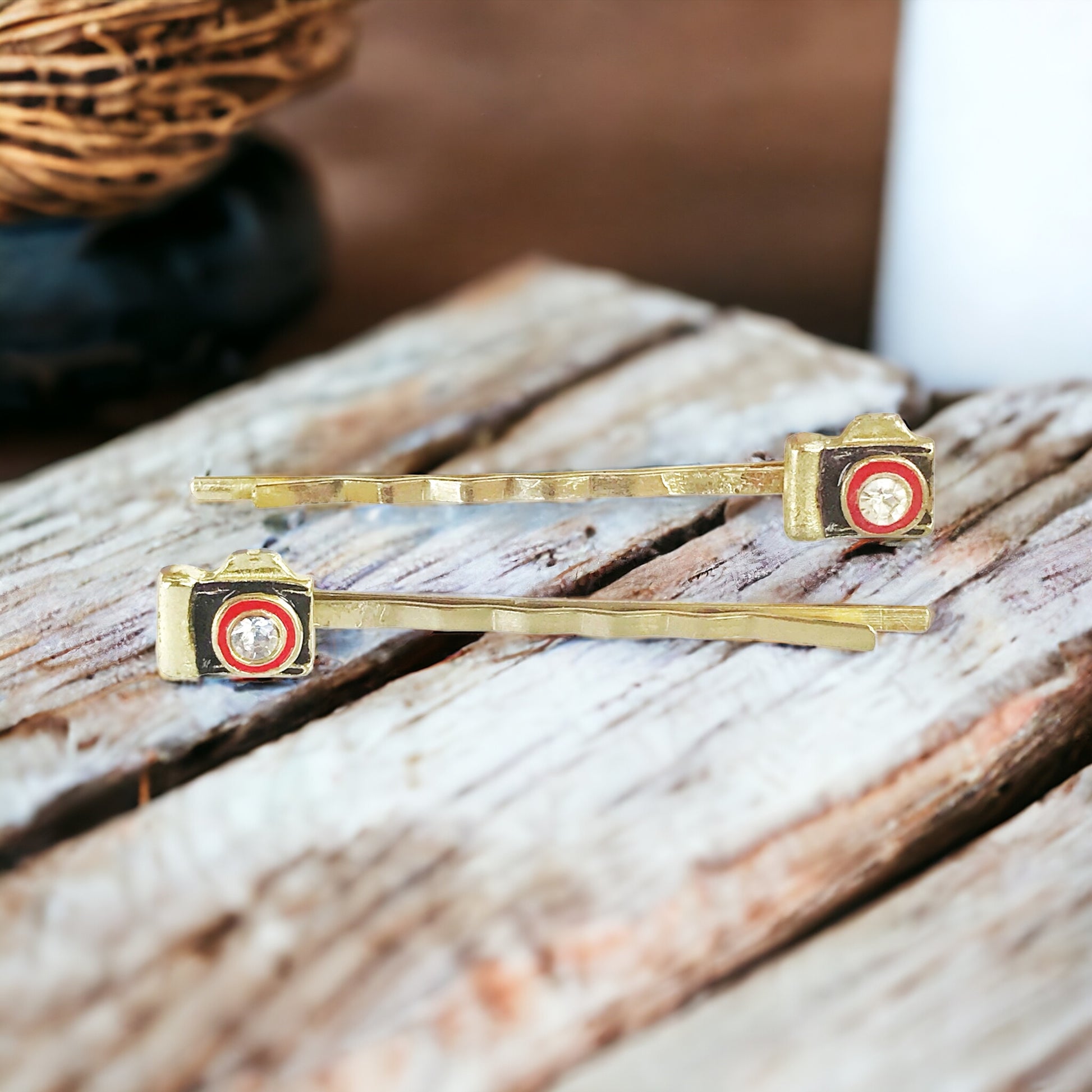 Gold Camera Hair Pins Set of 2 - Quirky Accessories for Photography Enthusiasts