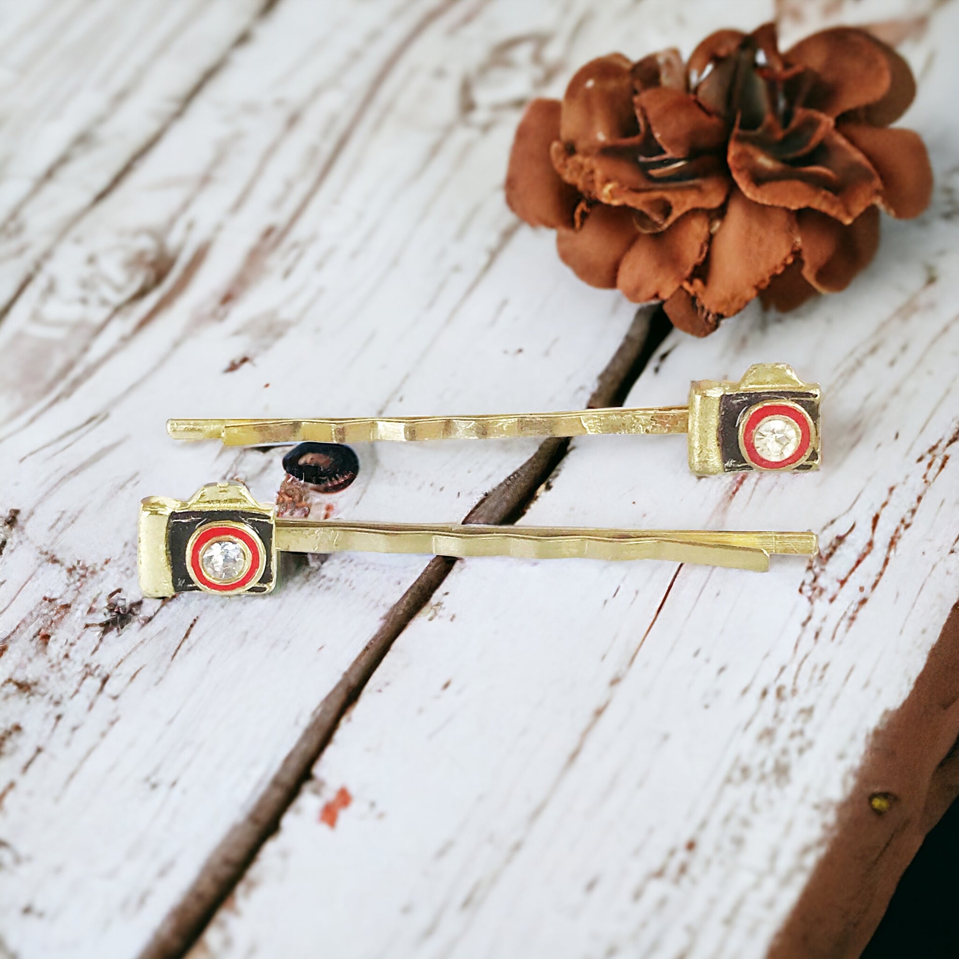 Gold Camera Hair Pins Set of 2 - Quirky Accessories for Photography Enthusiasts