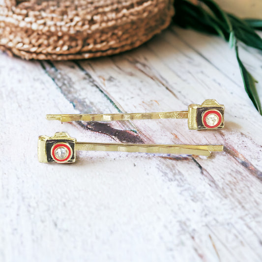 Gold Camera Hair Pins Set of 2 - Quirky Accessories for Photography Enthusiasts