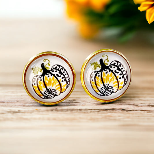 Pumpkin & Sunflower Gold Stud Earrings: Unique Autumn Accents for Your Style