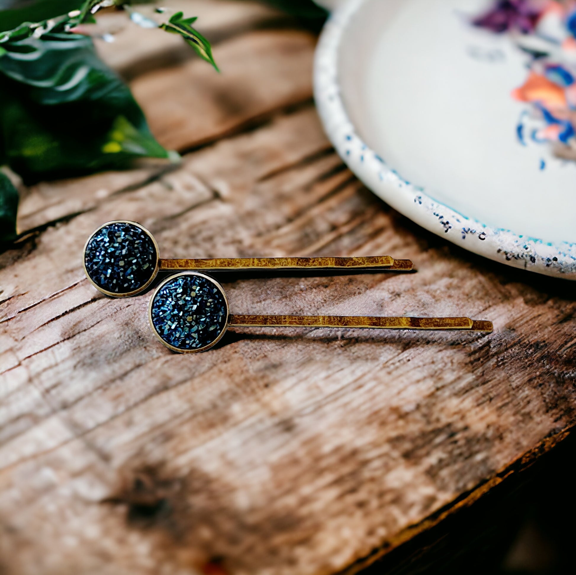 Cobalt Blue Druzy Brass Hair Pins: Elegant & Bold Accessories