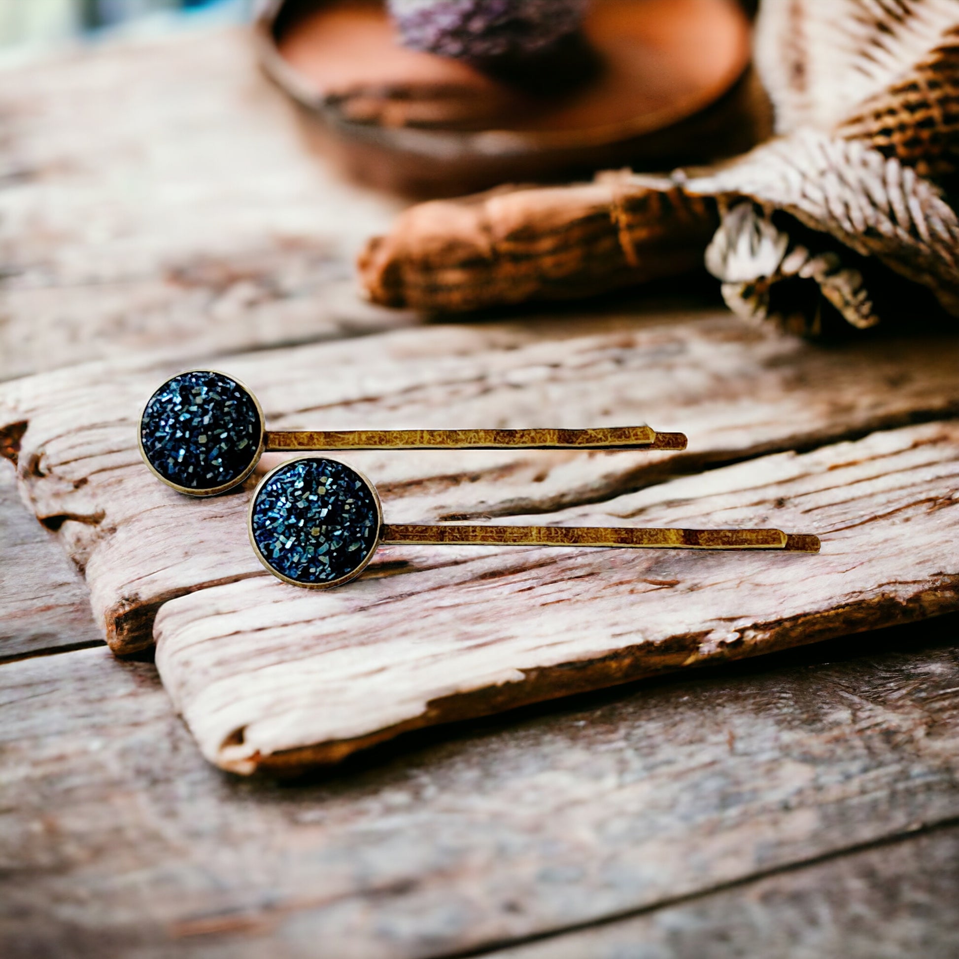 Cobalt Blue Druzy Brass Hair Pins: Elegant & Bold Accessories