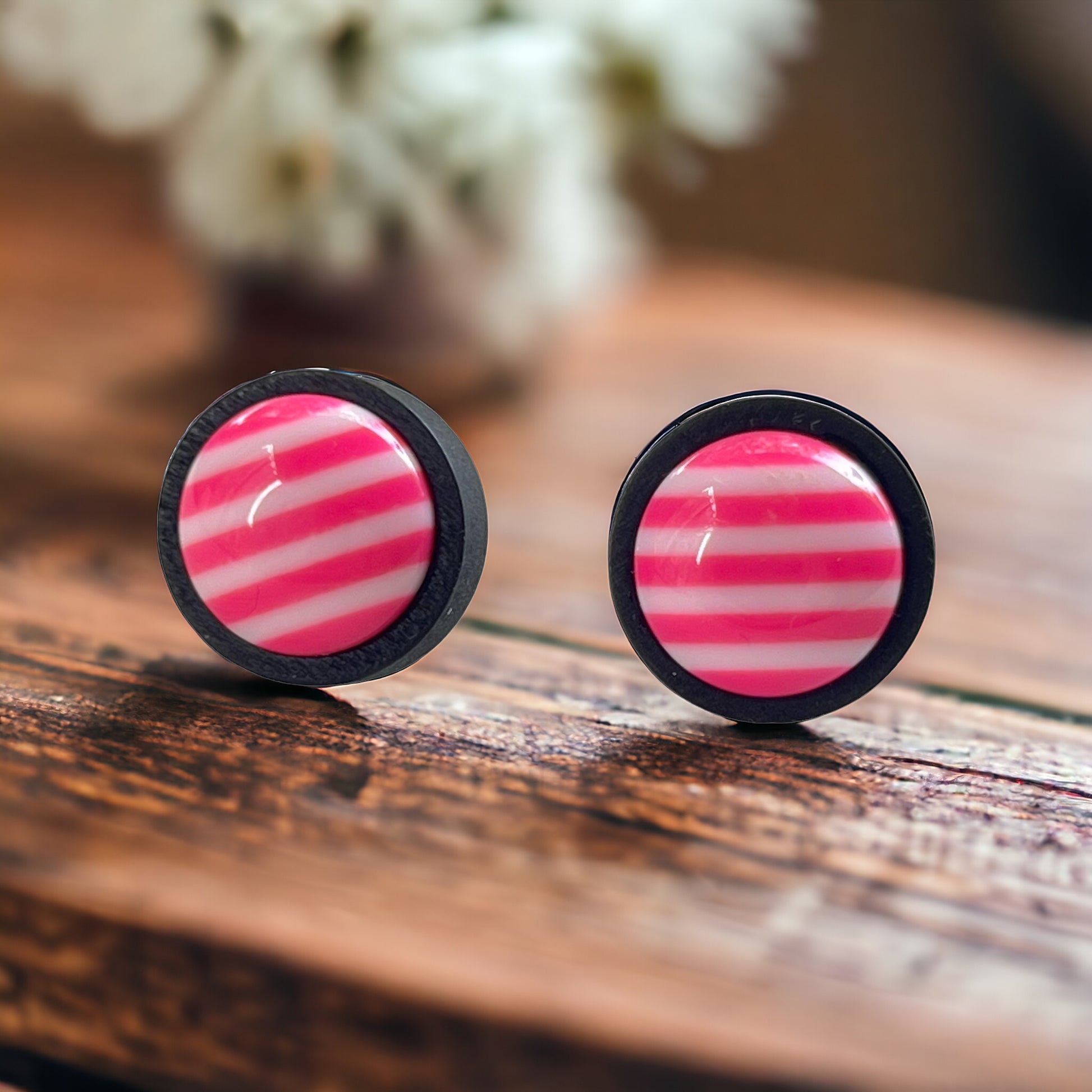 Striped Pink Resin Stud Earrings – Bold Handmade Wood Statement Jewelry