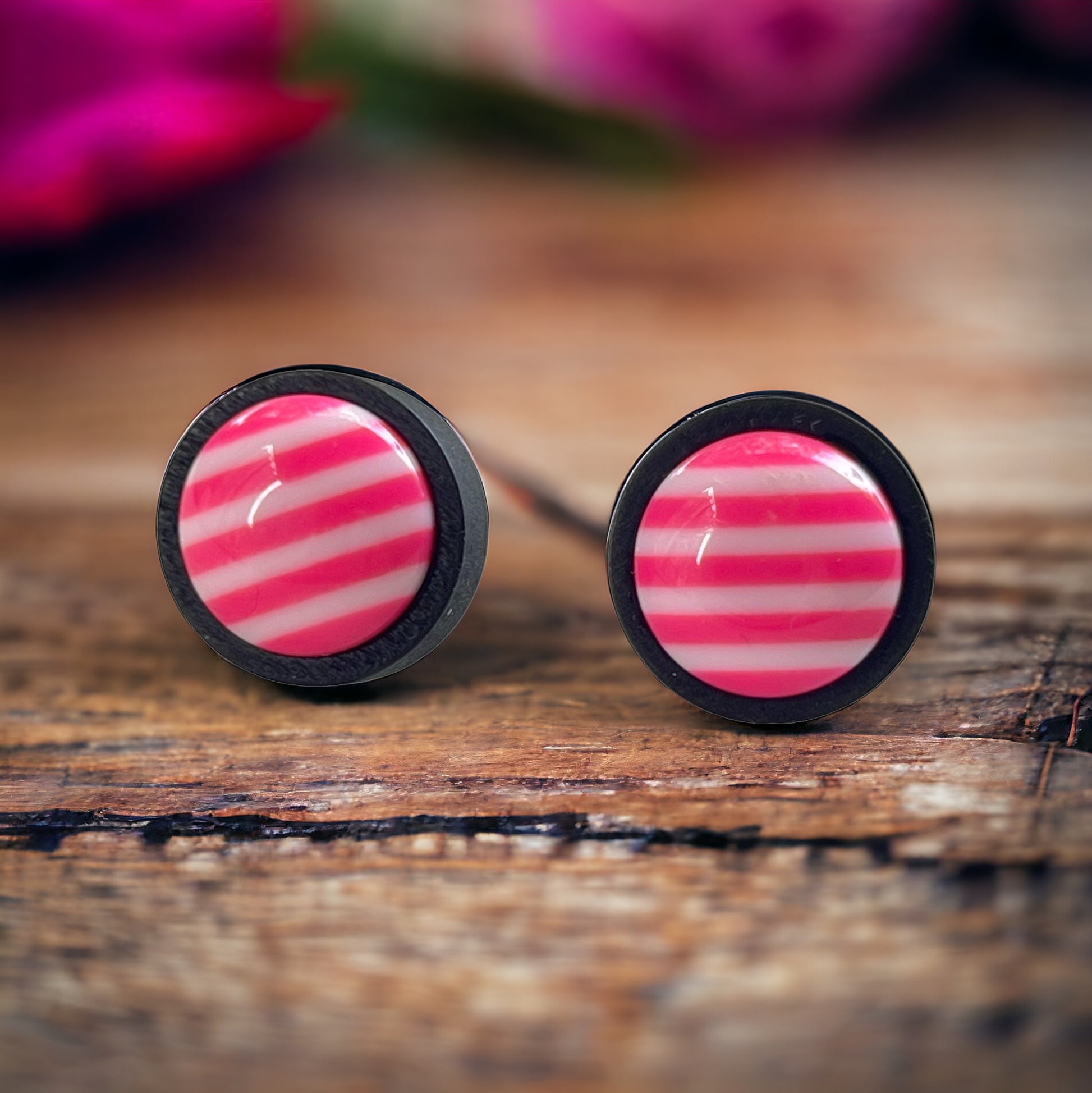 Striped Pink Resin Stud Earrings – Bold Handmade Wood Statement Jewelry