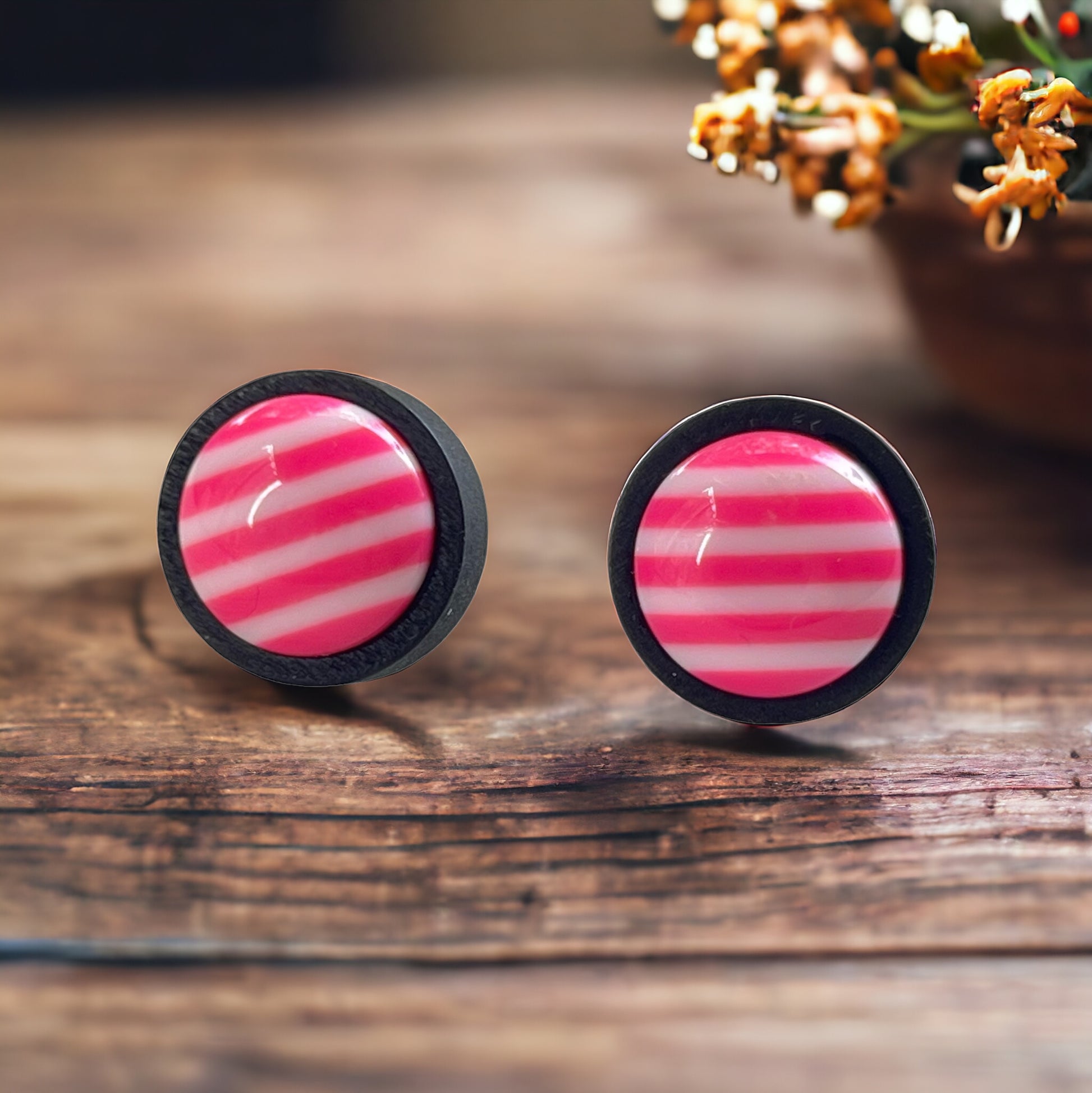Striped Pink Resin Stud Earrings – Bold Handmade Wood Statement Jewelry