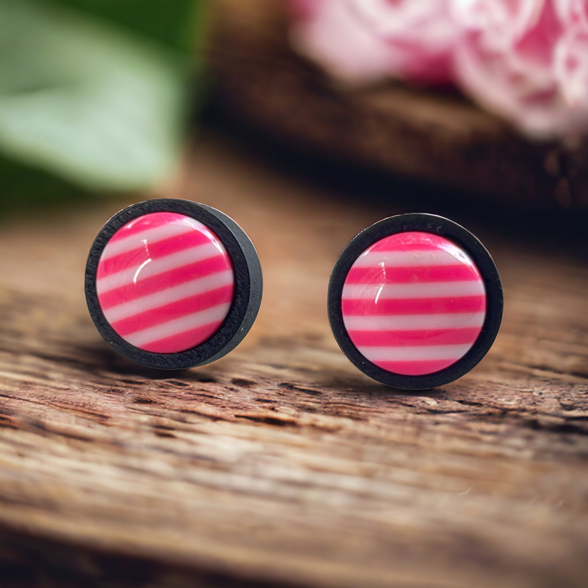 Striped Pink Resin Stud Earrings – Bold Handmade Wood Statement Jewelry
