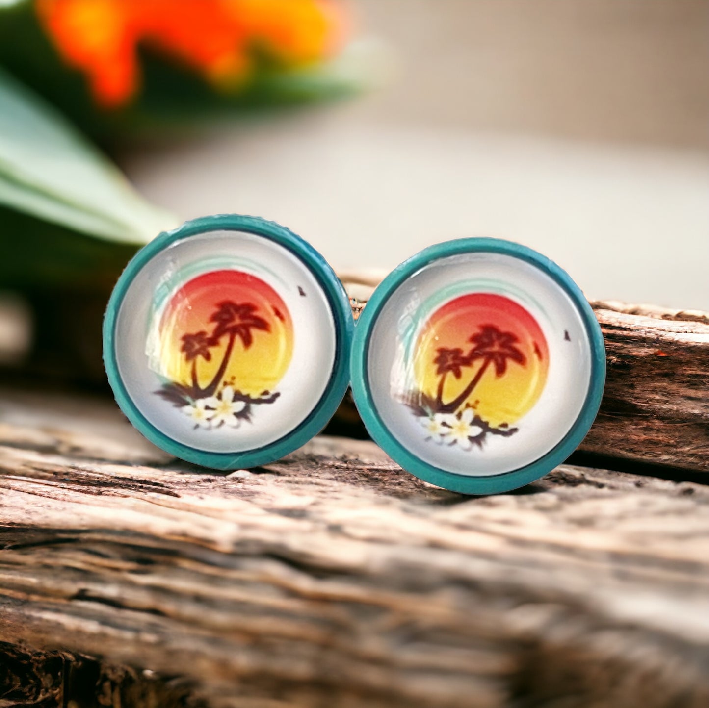 Sunset & Palm Tree Blue Stud Earrings - Tropical & Serene Accessories