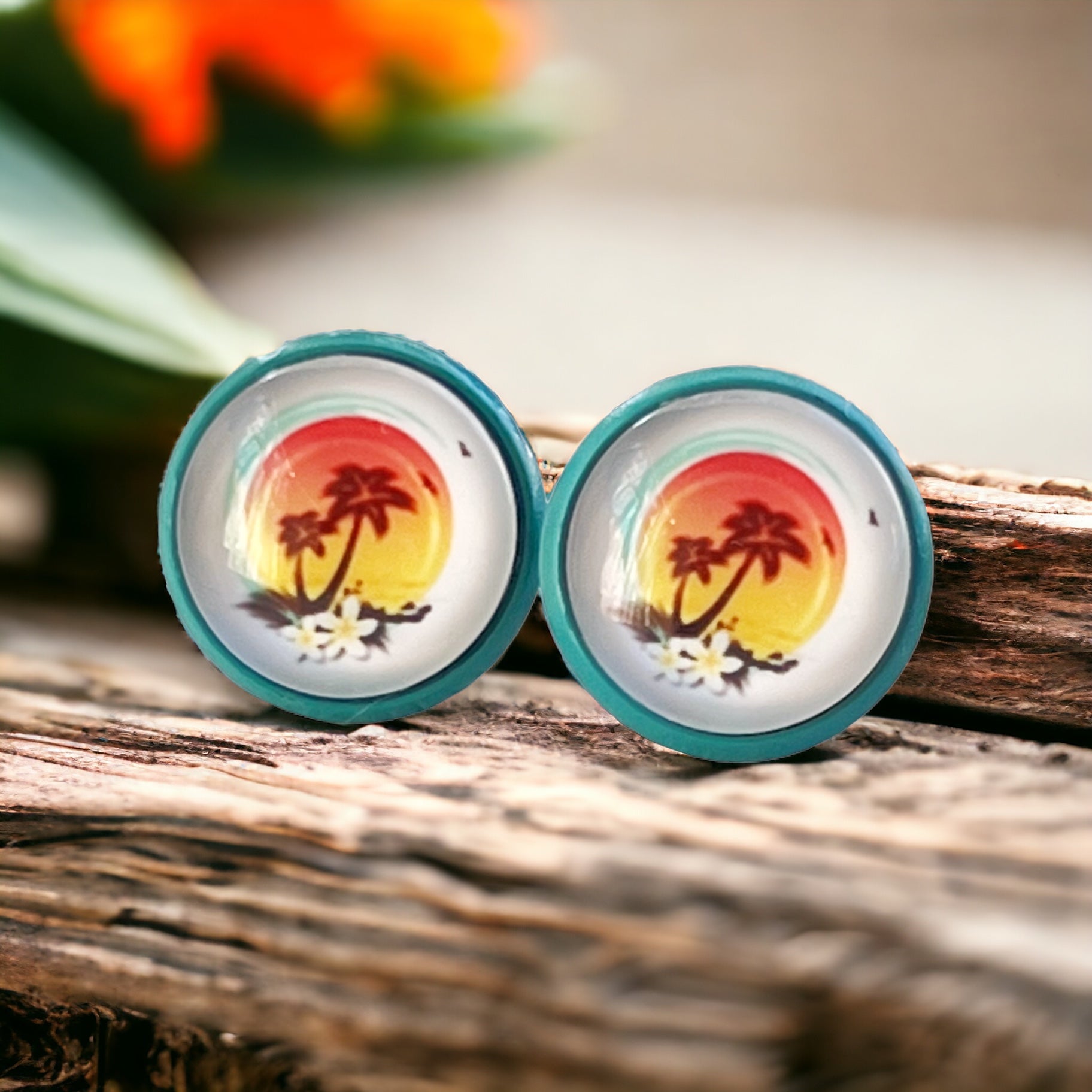 Sunset & Palm Tree Blue Stud Earrings - Tropical & Serene Accessories