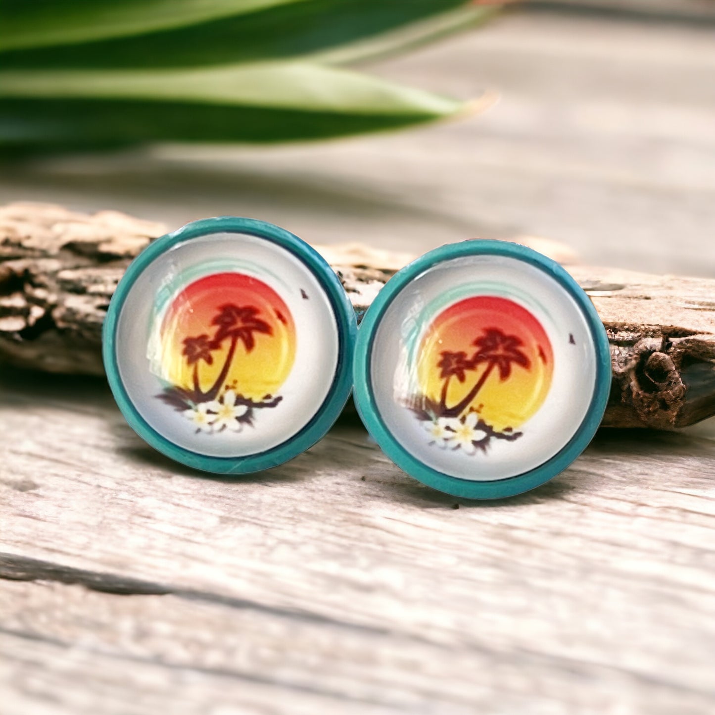 Sunset & Palm Tree Blue Stud Earrings - Tropical & Serene Accessories