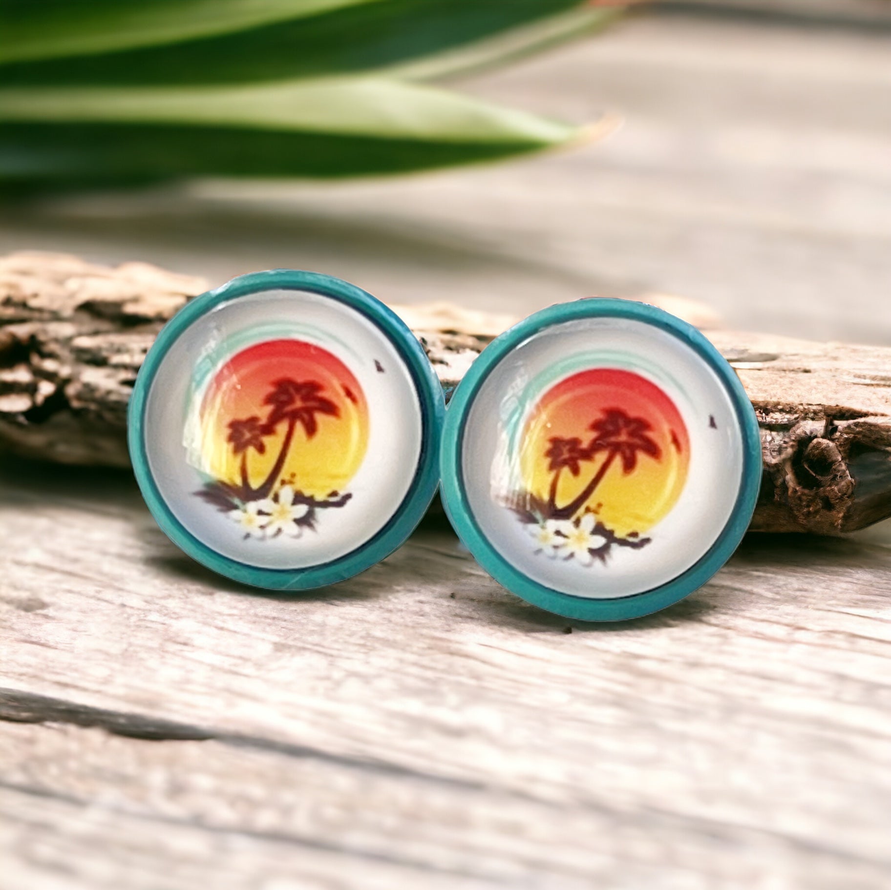 Sunset & Palm Tree Blue Stud Earrings - Tropical & Serene Accessories