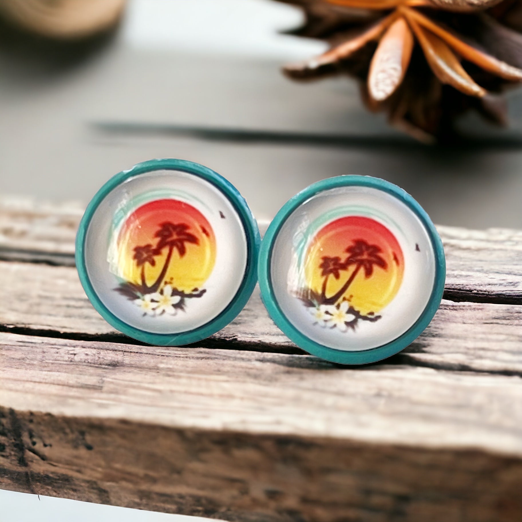 Sunset & Palm Tree Blue Stud Earrings - Tropical & Serene Accessories