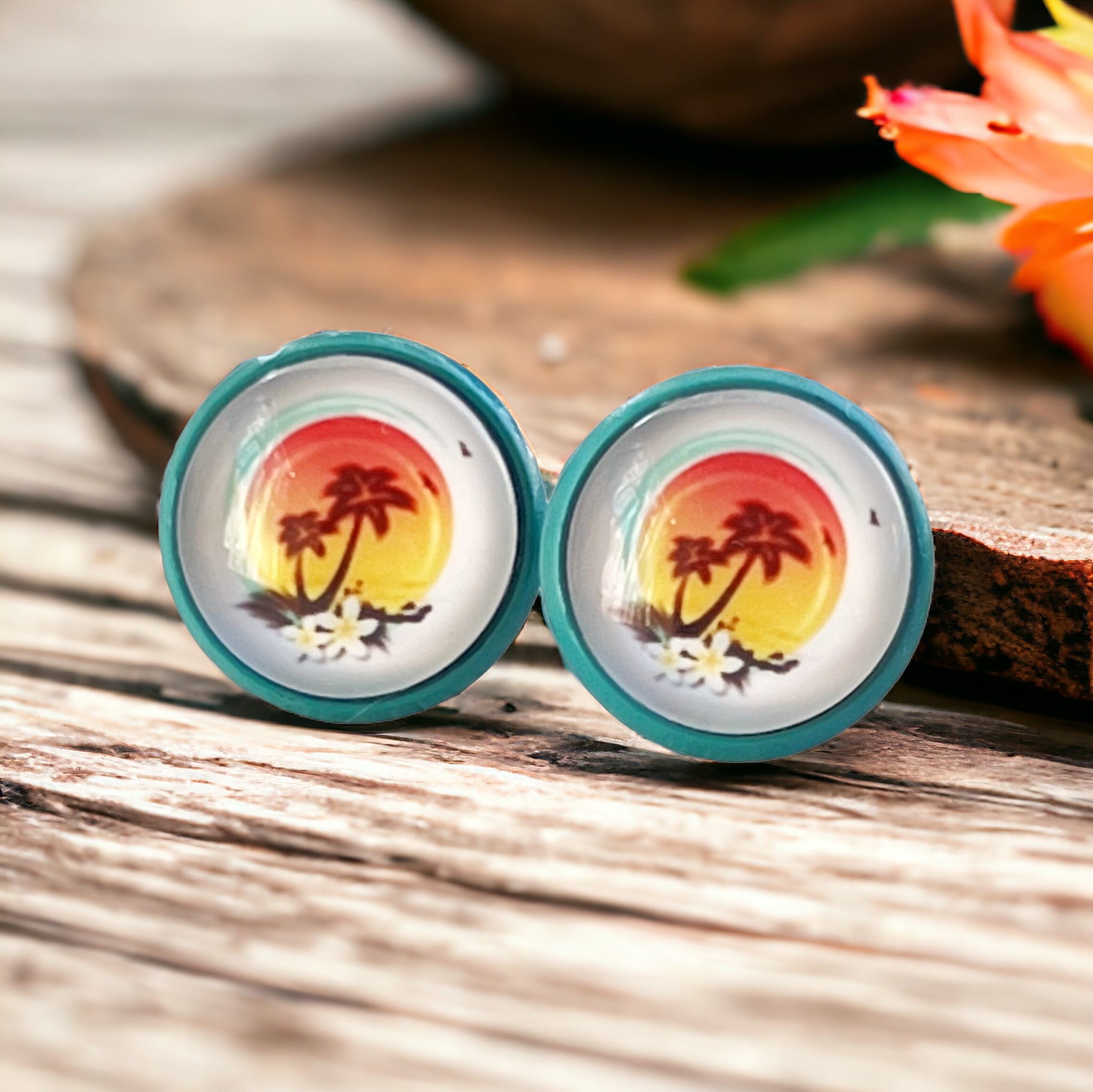 Sunset & Palm Tree Blue Stud Earrings - Tropical & Serene Accessories