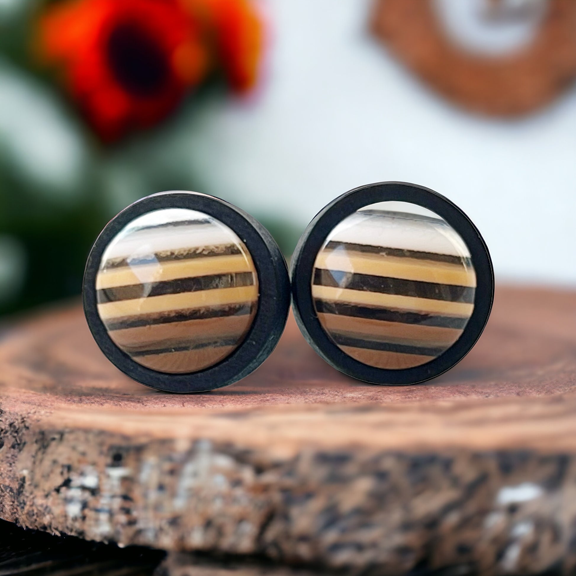 Earth Tone Stripe Resin Stud Earrings – Round Handmade Fall Jewelry in Black Wood
