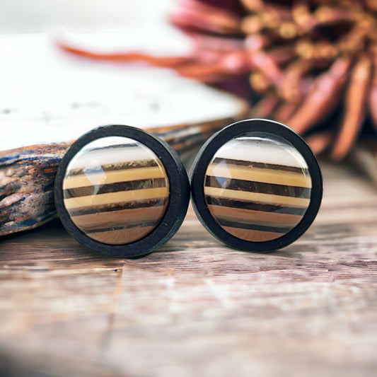 Earth Tone Stripe Resin Stud Earrings – Round Handmade Fall Jewelry in Black Wood