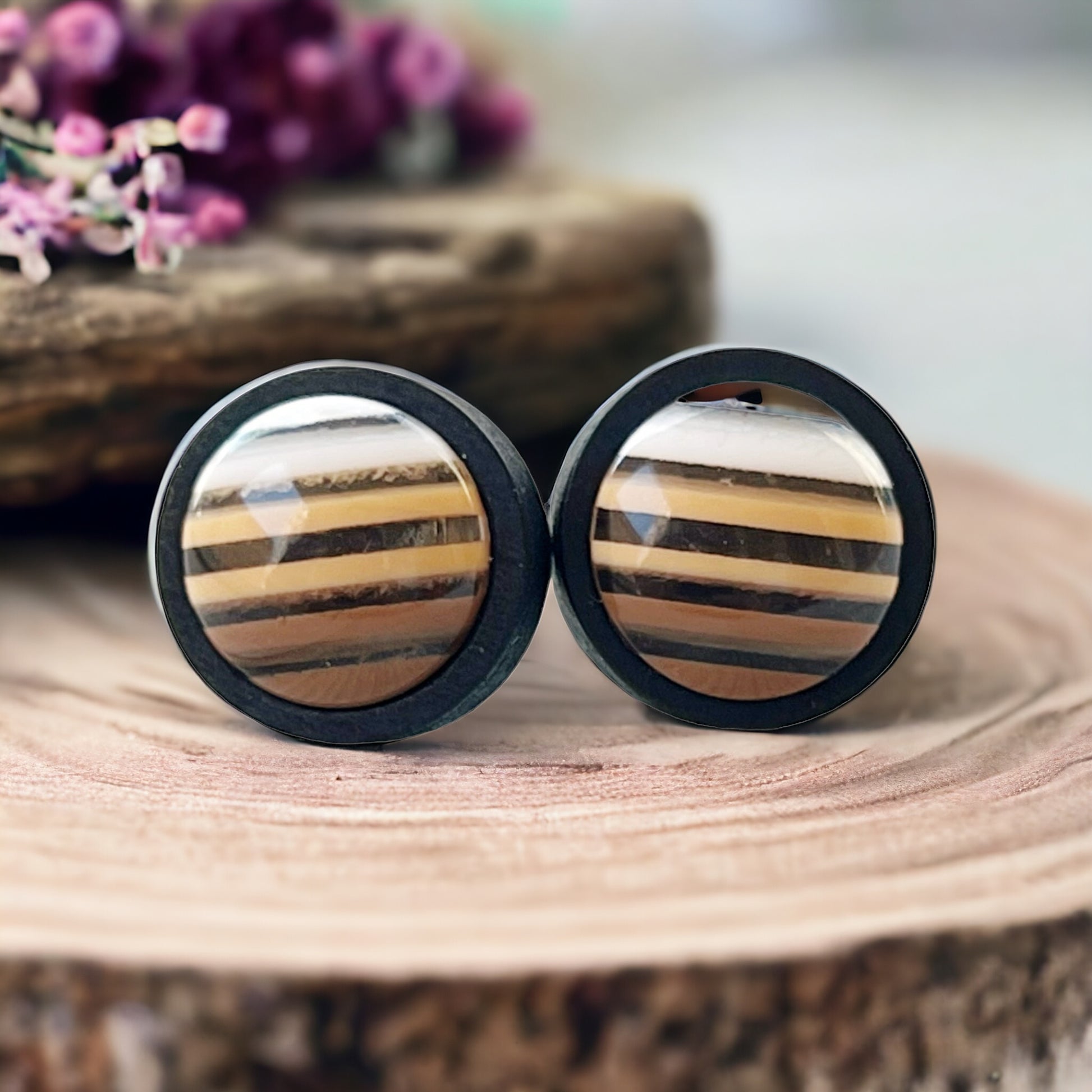Earth Tone Stripe Resin Stud Earrings – Round Handmade Fall Jewelry in Black Wood