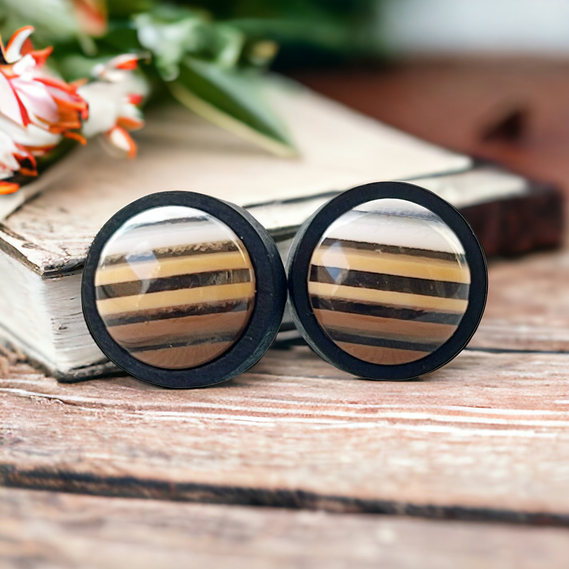Earth Tone Stripe Resin Stud Earrings – Round Handmade Fall Jewelry in Black Wood