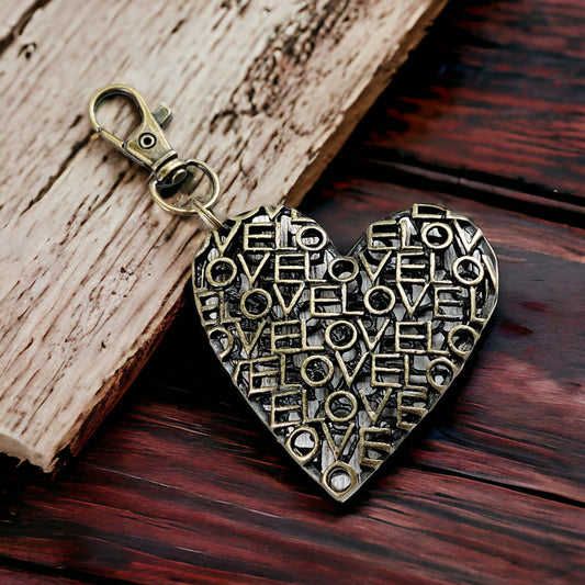 Love Word Art Heart Purse Charm – Antique Bronze Keychain with Script Cutout