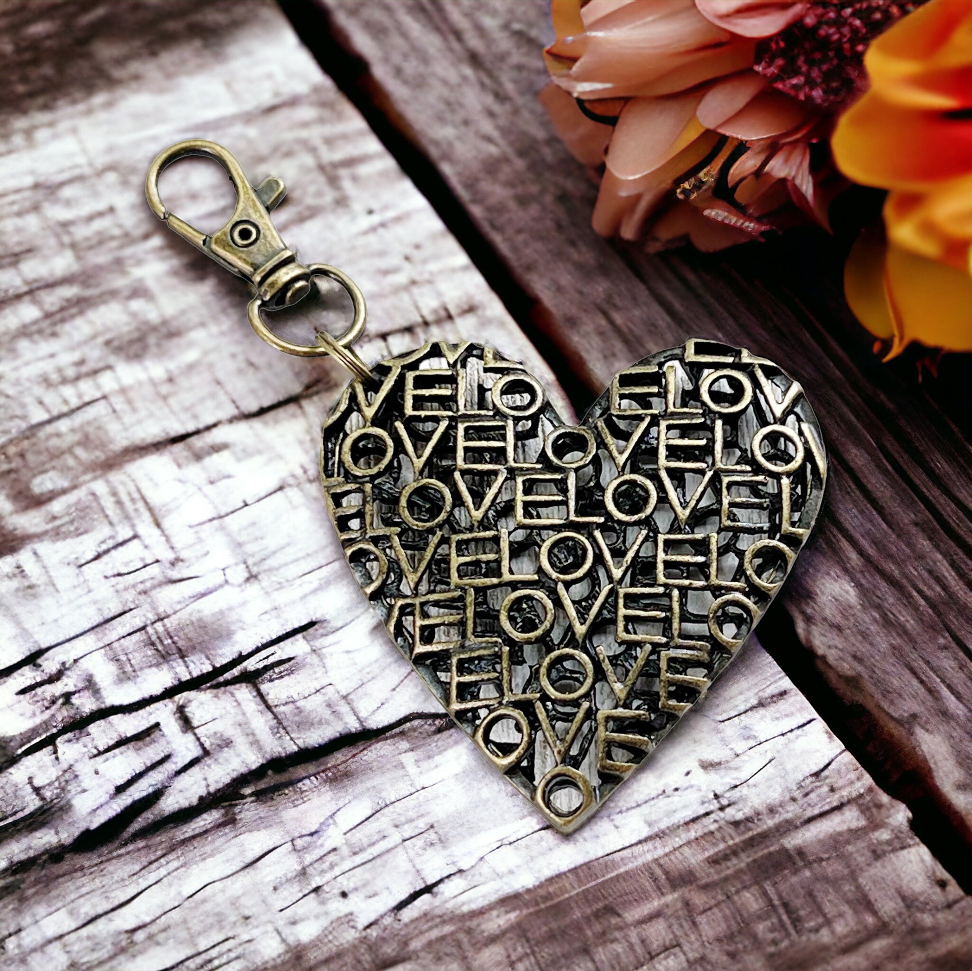 Love Word Art Heart Purse Charm – Antique Bronze Keychain with Script Cutout