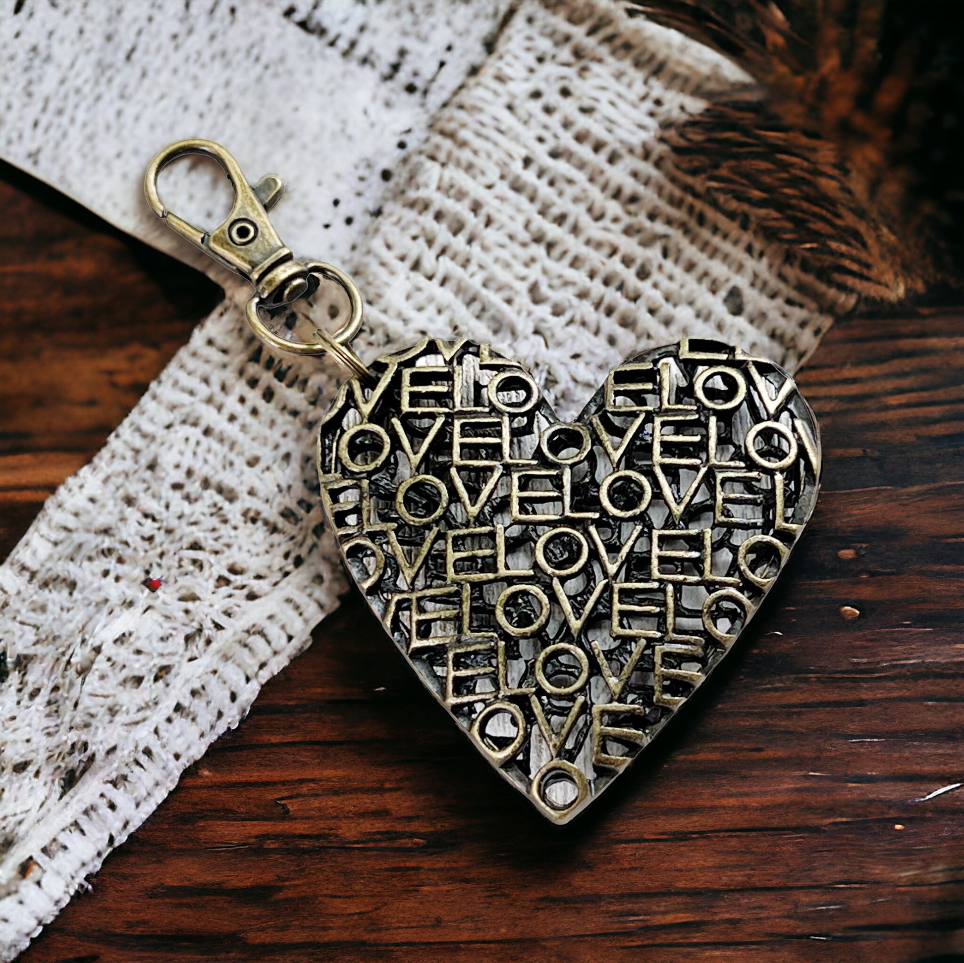 Love Word Art Heart Purse Charm – Antique Bronze Keychain with Script Cutout