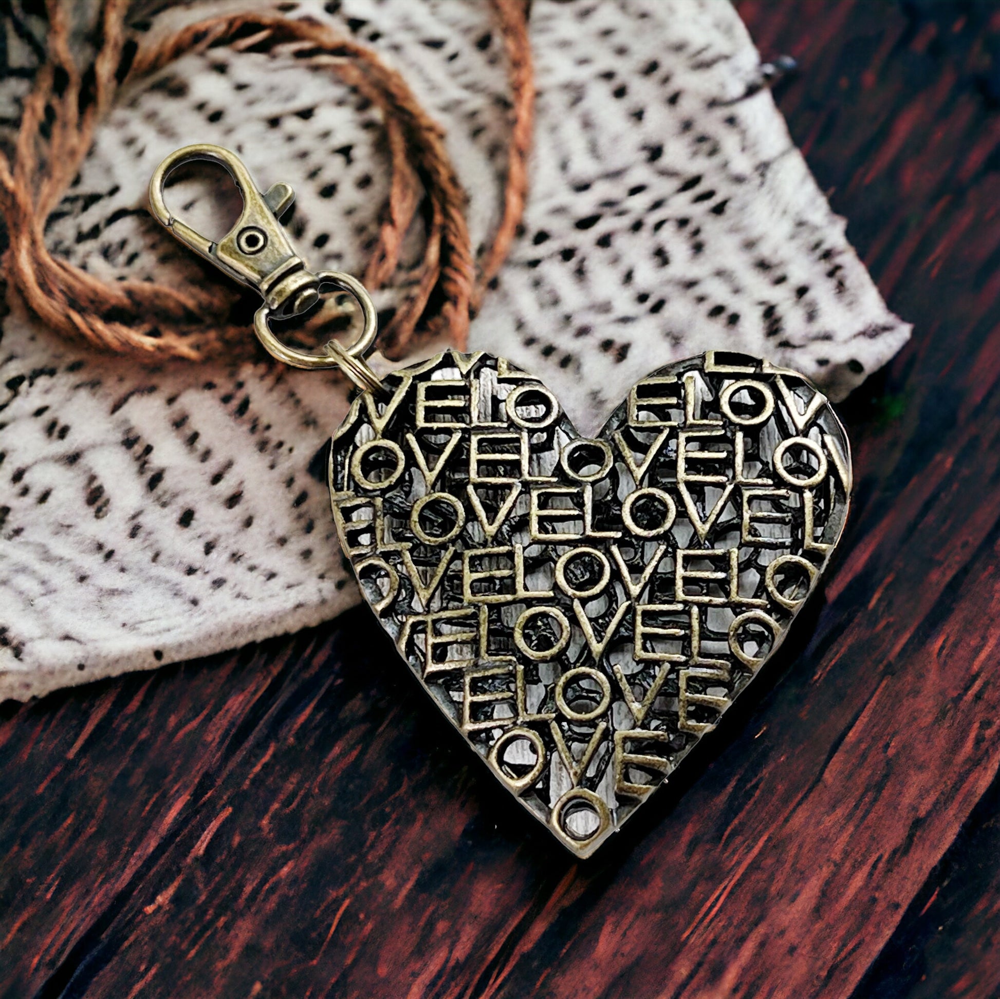 Love Word Art Heart Purse Charm – Antique Bronze Keychain with Script Cutout